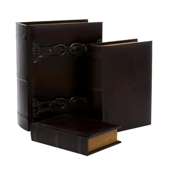 DecMode Vintage Faux Book Storage Dark Brown Faux Leather Decorative Box with Gold Buckle Accents, 3 Count