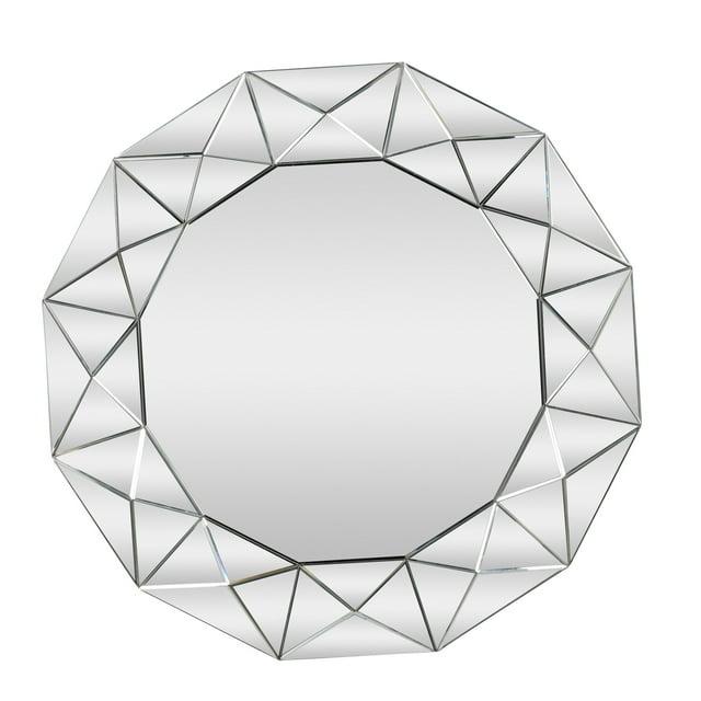 DecMode Glam Glass Silver Round Wall Mirror with Triangular Patterns, 40"D