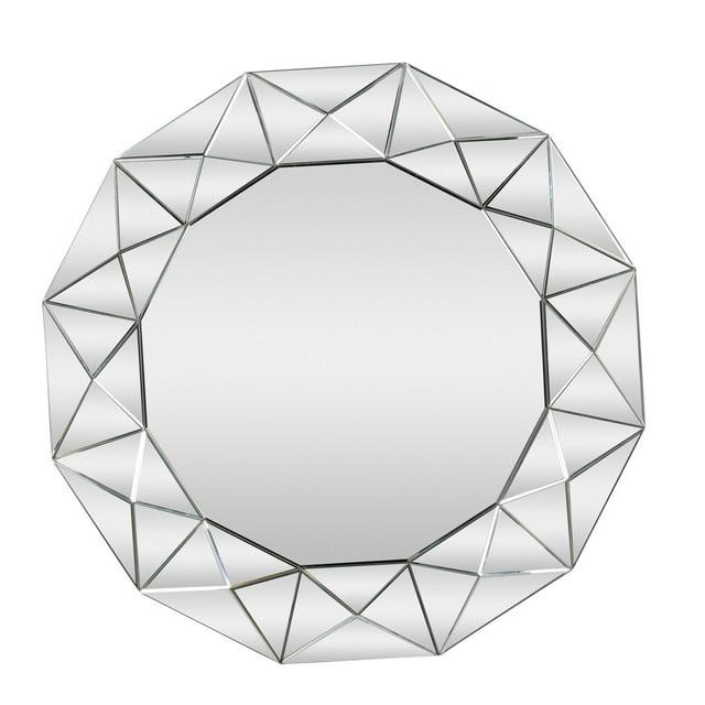 DecMode Glam Glass Silver Round Wall Mirror with Triangular Patterns, 40"D