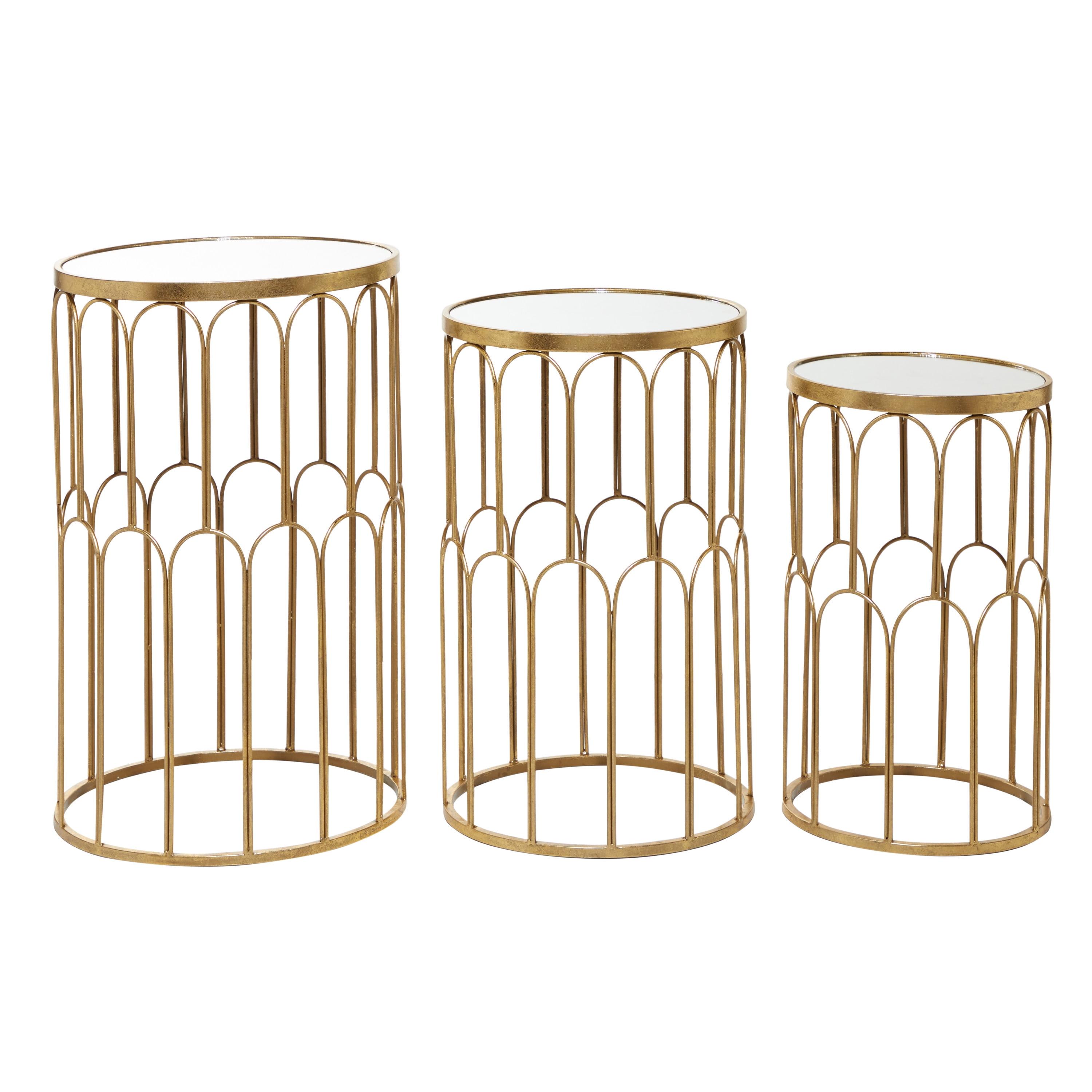 Gold Metal Round Accent Tables with Mirrored Tops, Set of 3