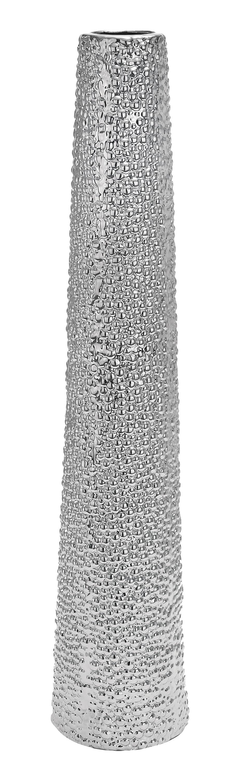 DecMode Glam Silver Round Large and Tall Cylindrical Floor Vase, Ceramic with Beaded Textured Pattern, 8'W x 50'H