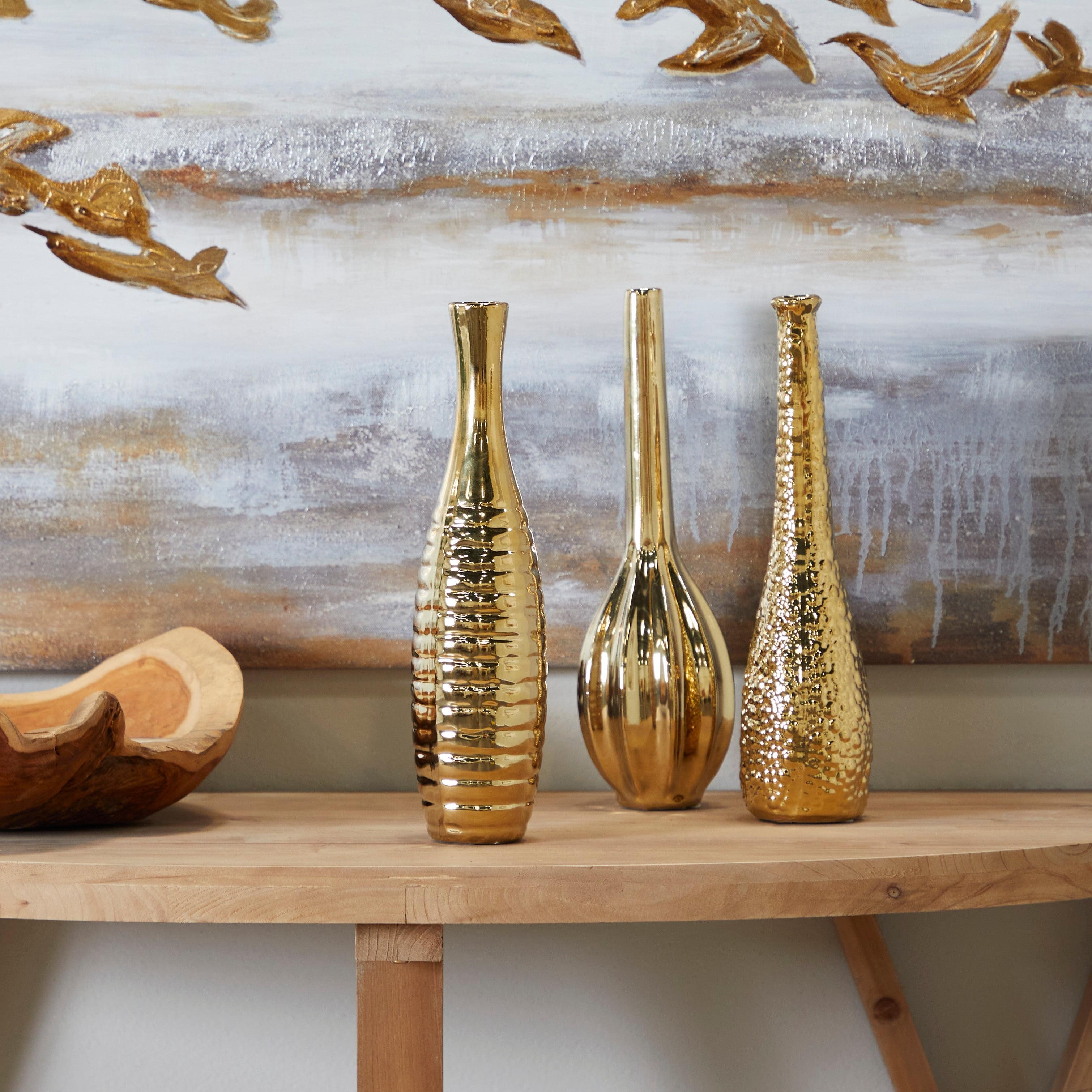 Gold Slim Textured Ceramic Vase Set of Three