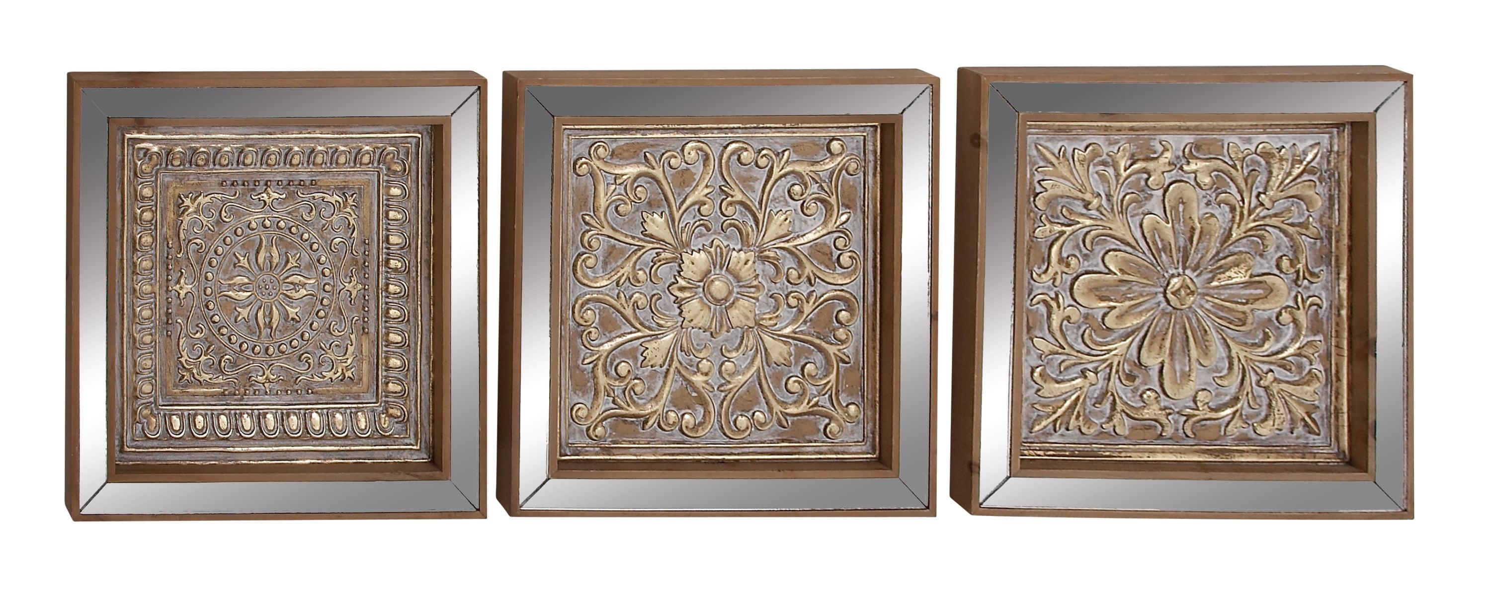 Gold and Brown Embossed Metal Floral Wall Plaques with Mirrors