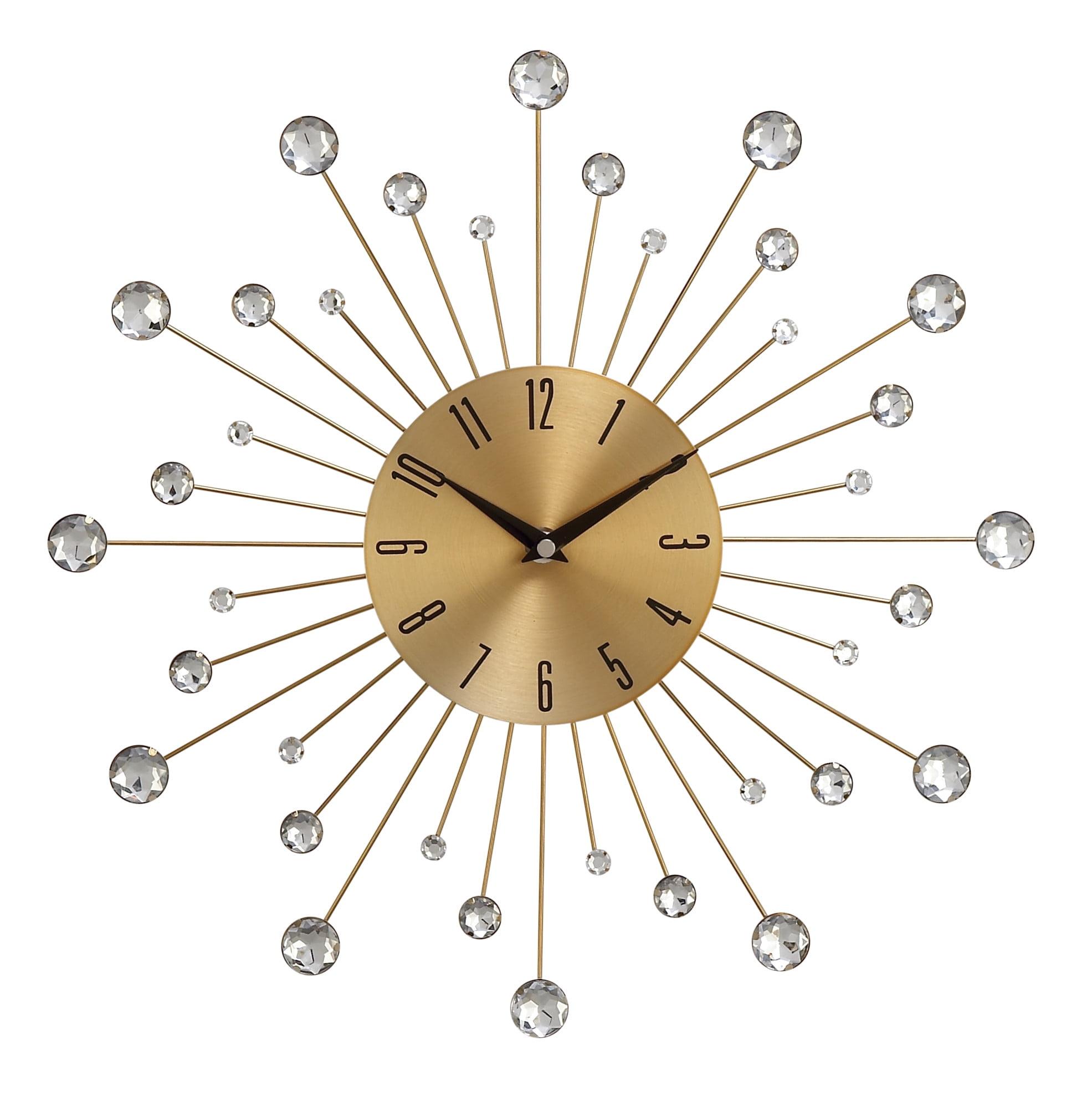 Gold Metal Starburst Wall Clock with Crystal Accents, 15"