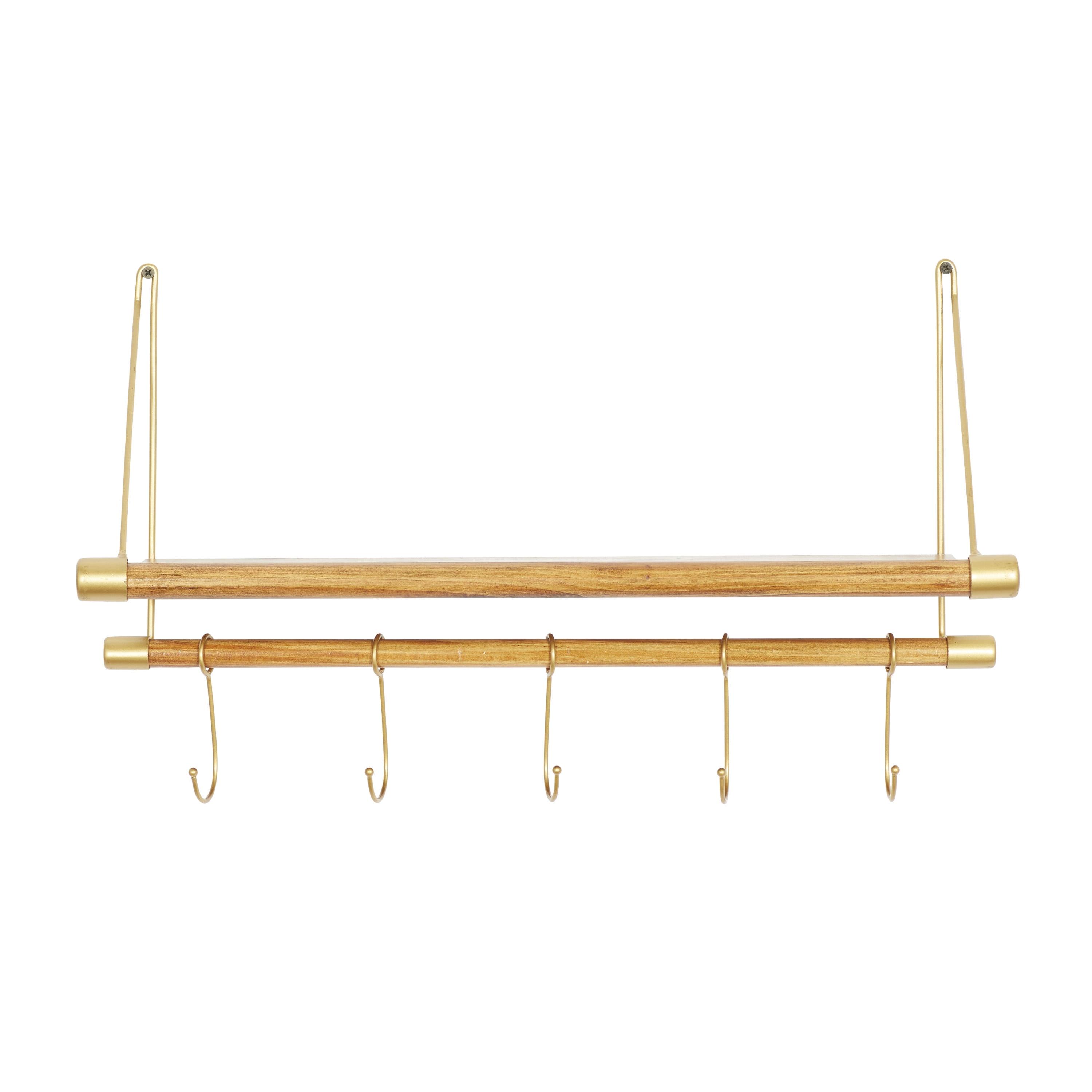 Gold and Wood Nordic Wall Shelf with Hooks