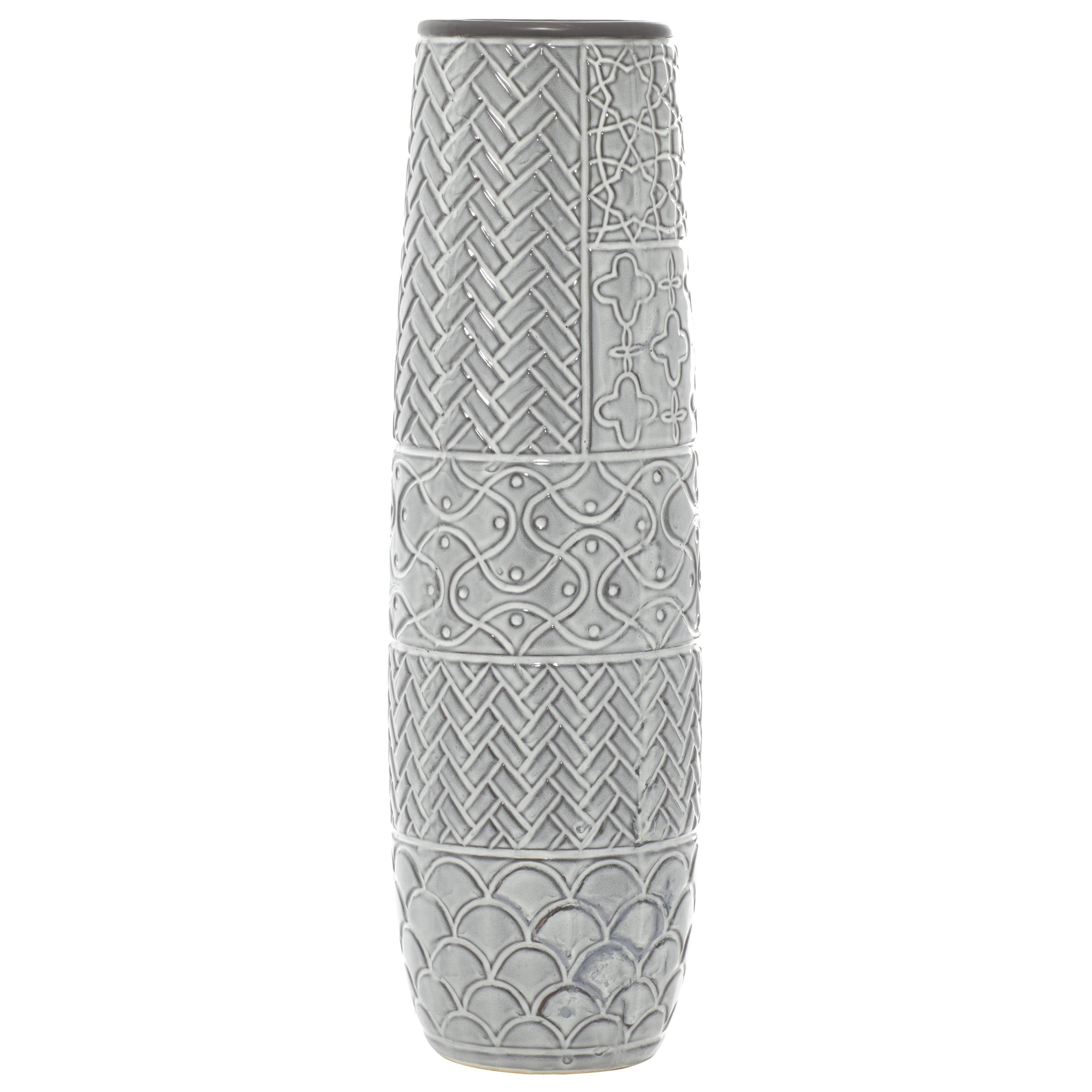 DecMode Gray Eclectic Ceramic Decorative Vase with Chevron, Scribbles, Curved Scales and Scrolling Vines Pattern, 7"W x 22"H