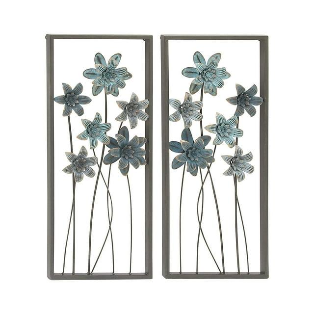 DecMode Gray Metal Floral Wall Decor with Black Frame (2 Count)