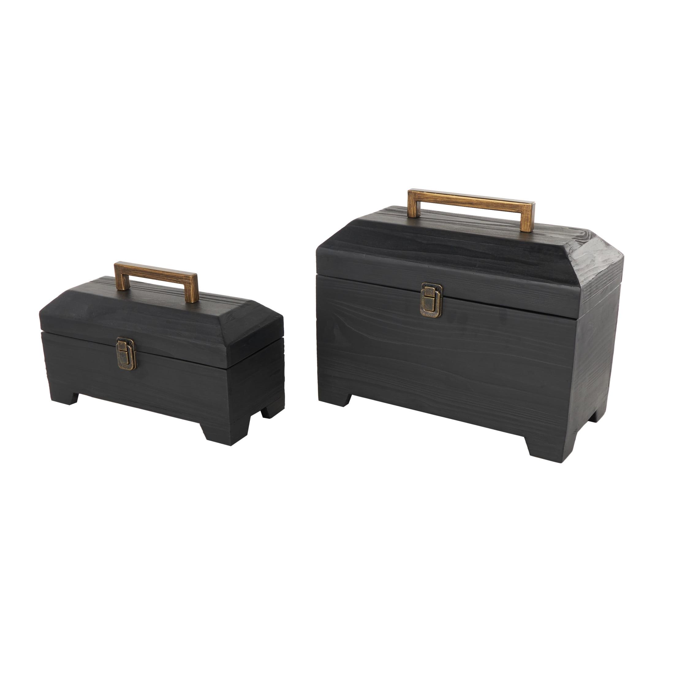 DecMode Handmade Black Wood Decorative Box with Brass Latches and Handle, 2 Count