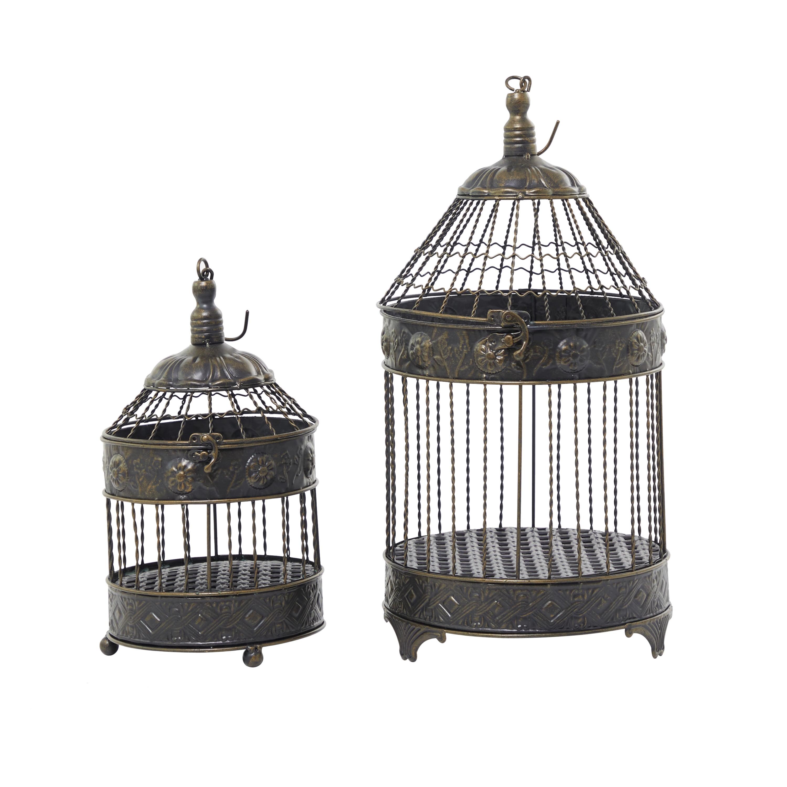 Bronze Antique Carved Metal Birdcage Set, 2 Pieces