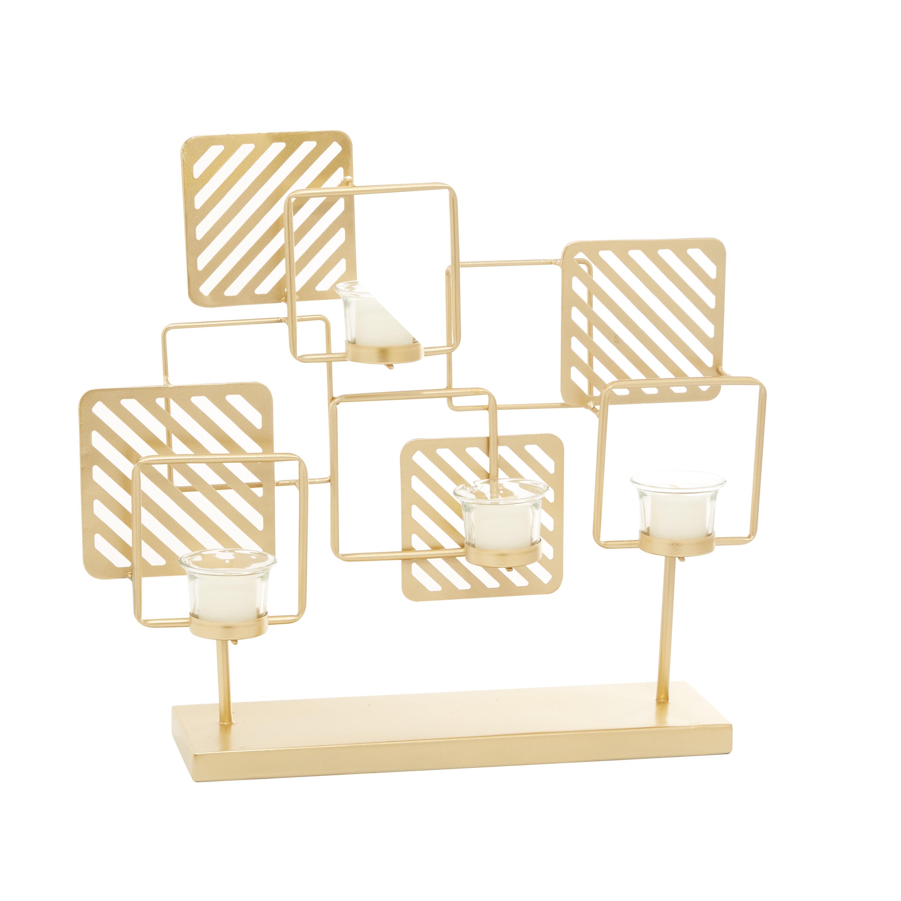 Gold Metal and Glass Contemporary Candelabra with Striped Squares