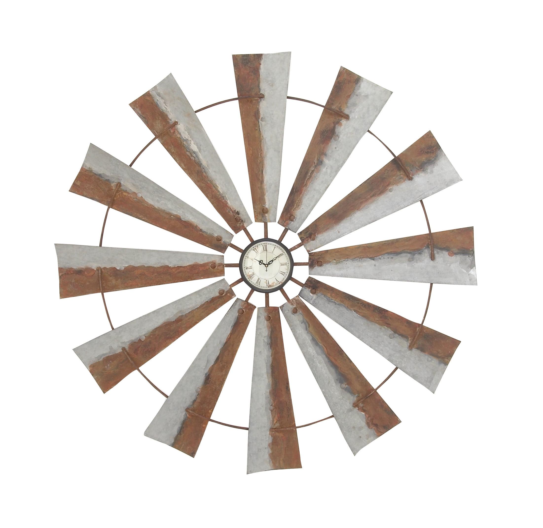 Oversized Gray and Brown Windmill Metal Wall Clock