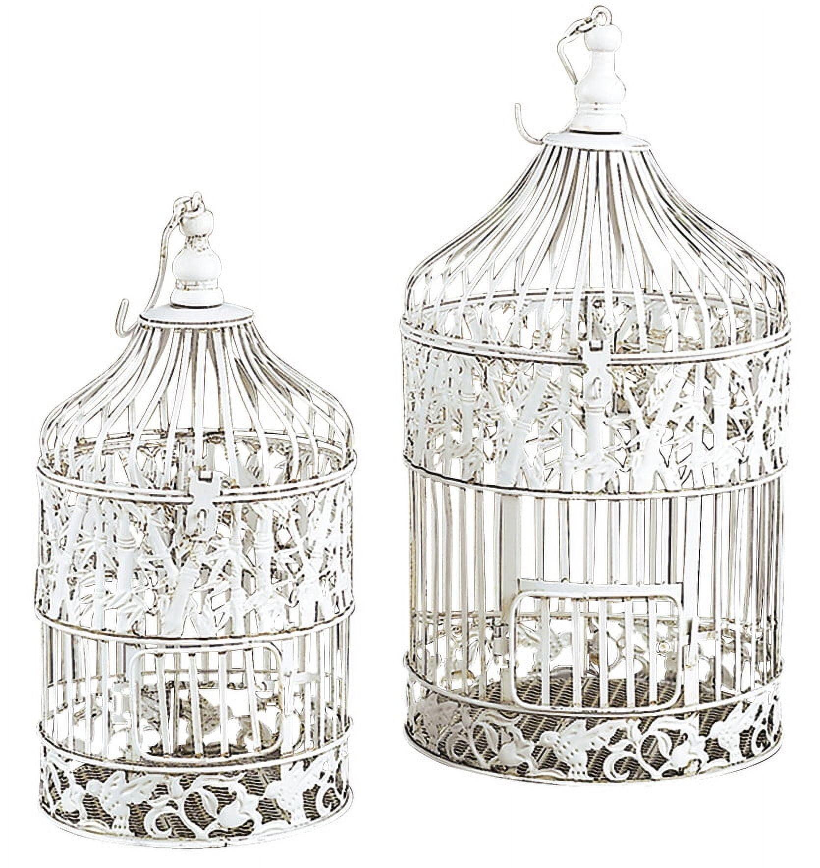 White Iron Floral Design Hanging and Standing Birdcages, Set of 2