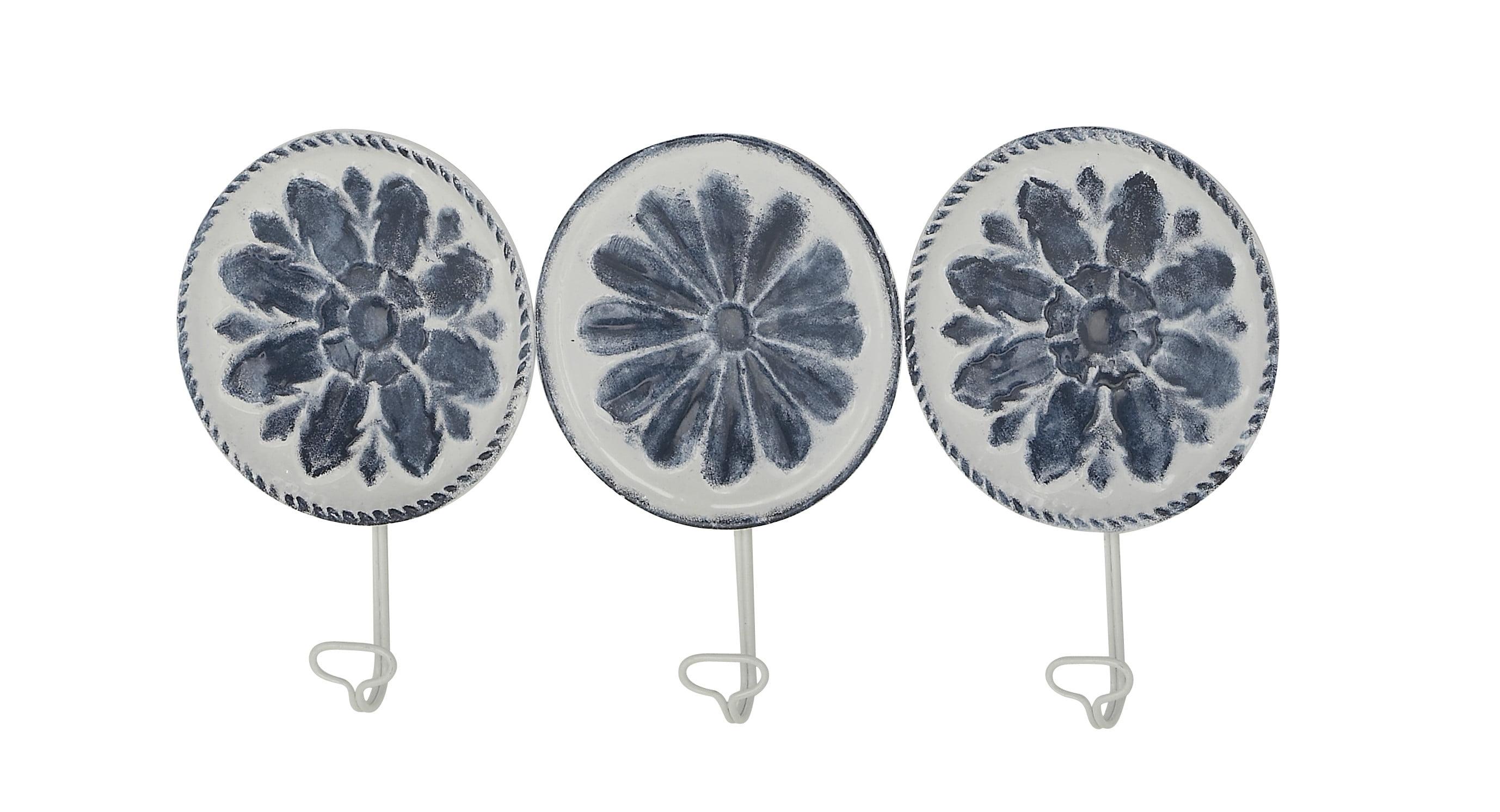 White and Blue Floral Metal Wall Hooks Set of Three