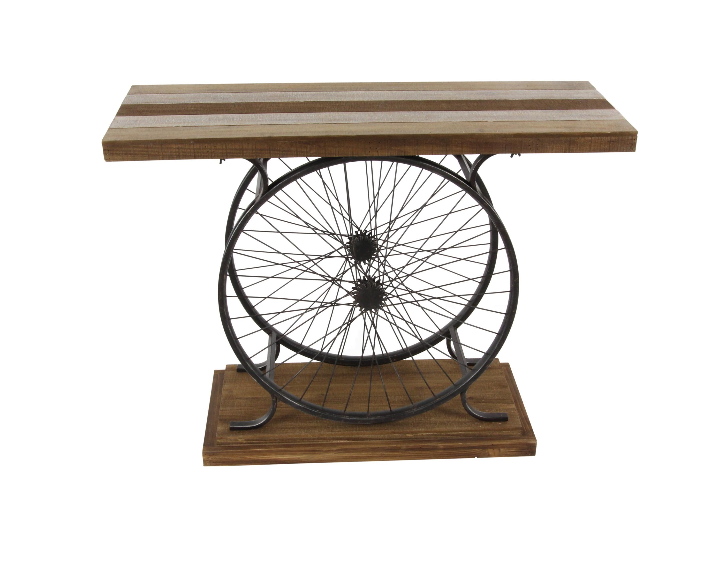 Olivia & May Industrial Wheel Console Table Brown: Iron Frame, Wood Top, Entryway Furniture