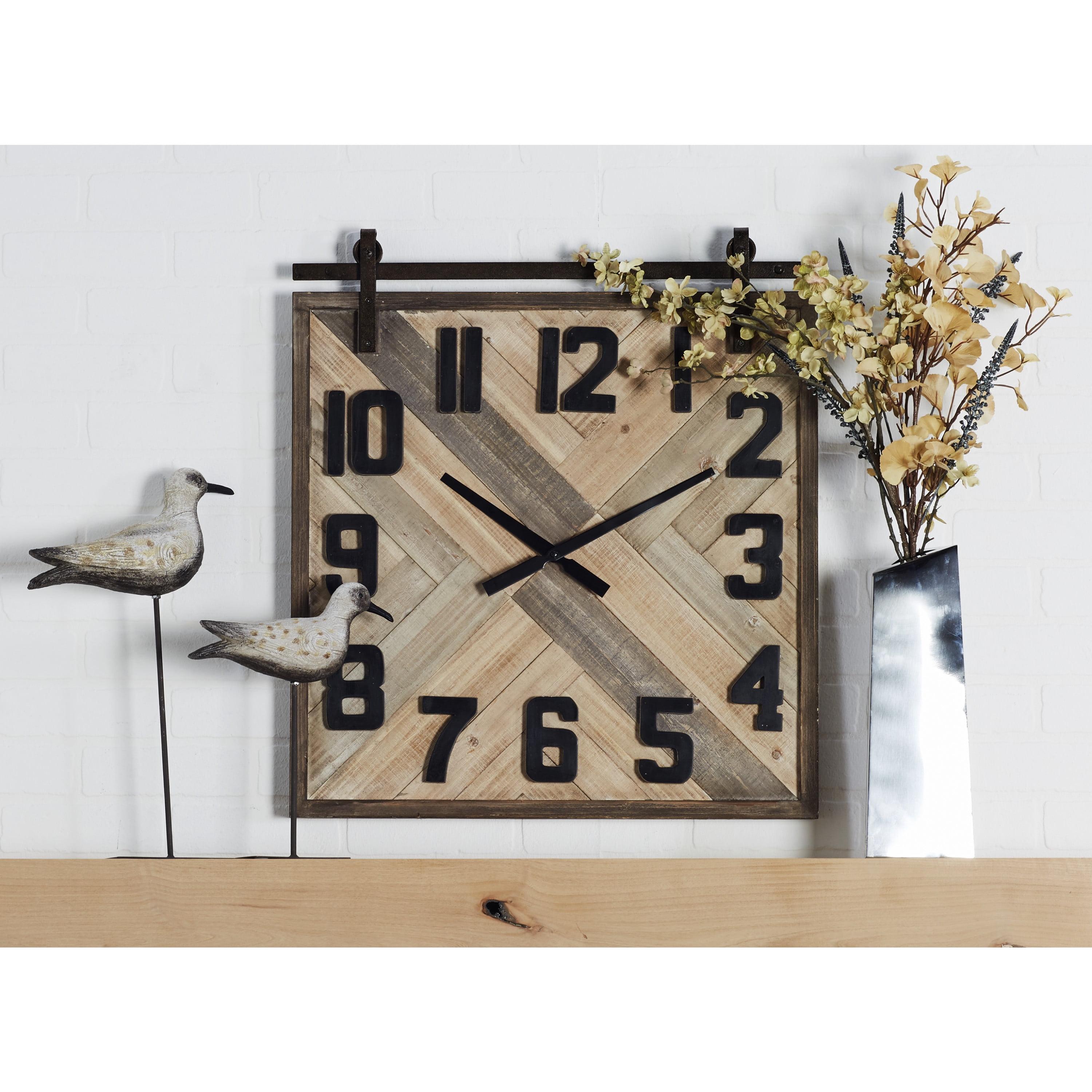 DecMode Industrial Wood Sculpted Wall Clock with Weave Pattern and Brown Finish, 24"W x 27"H