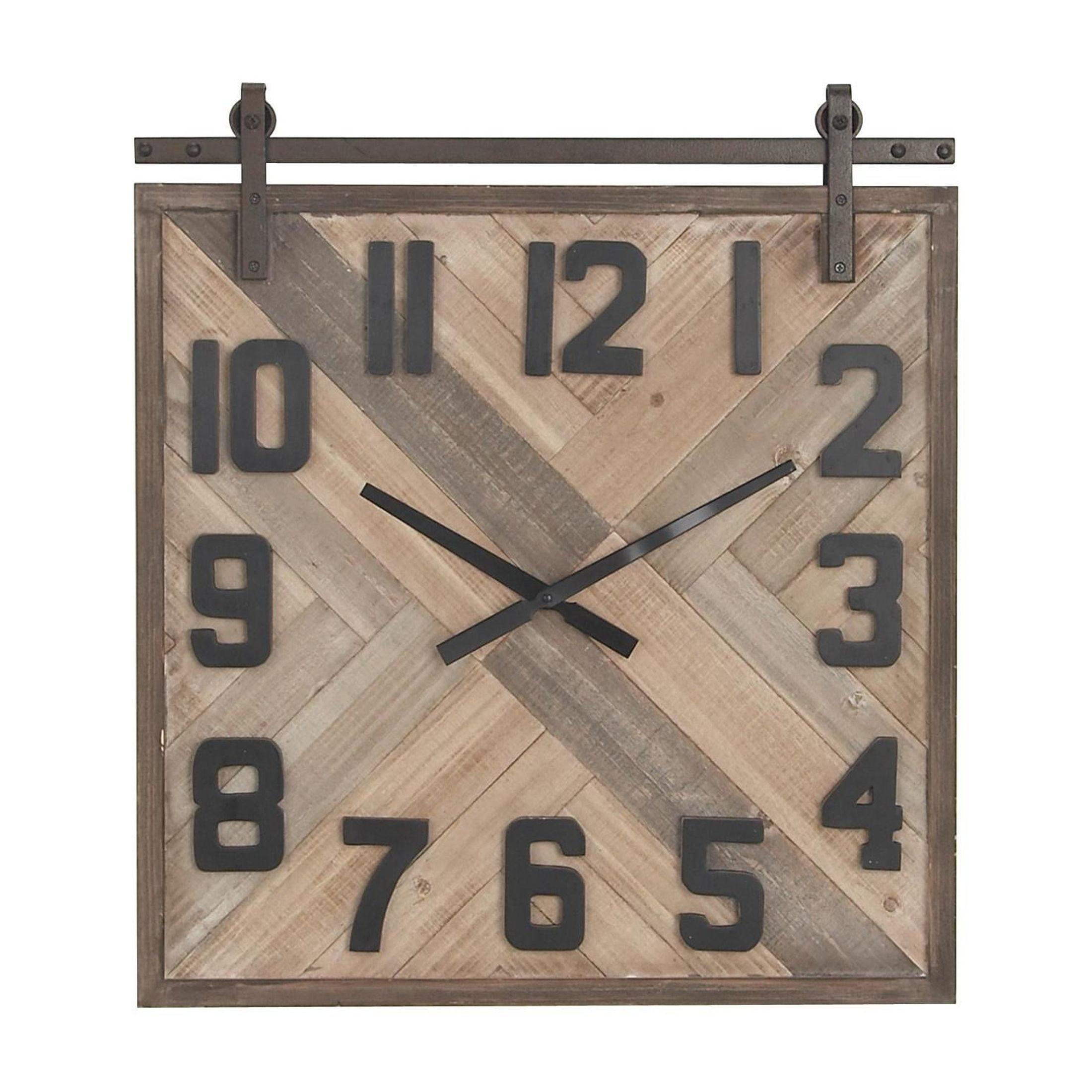 DecMode Reloj de Pared Industrial Esculpido en Madera con Patrón de Tejido y Acabado Marrón, 24"Ancho x 27"Alto