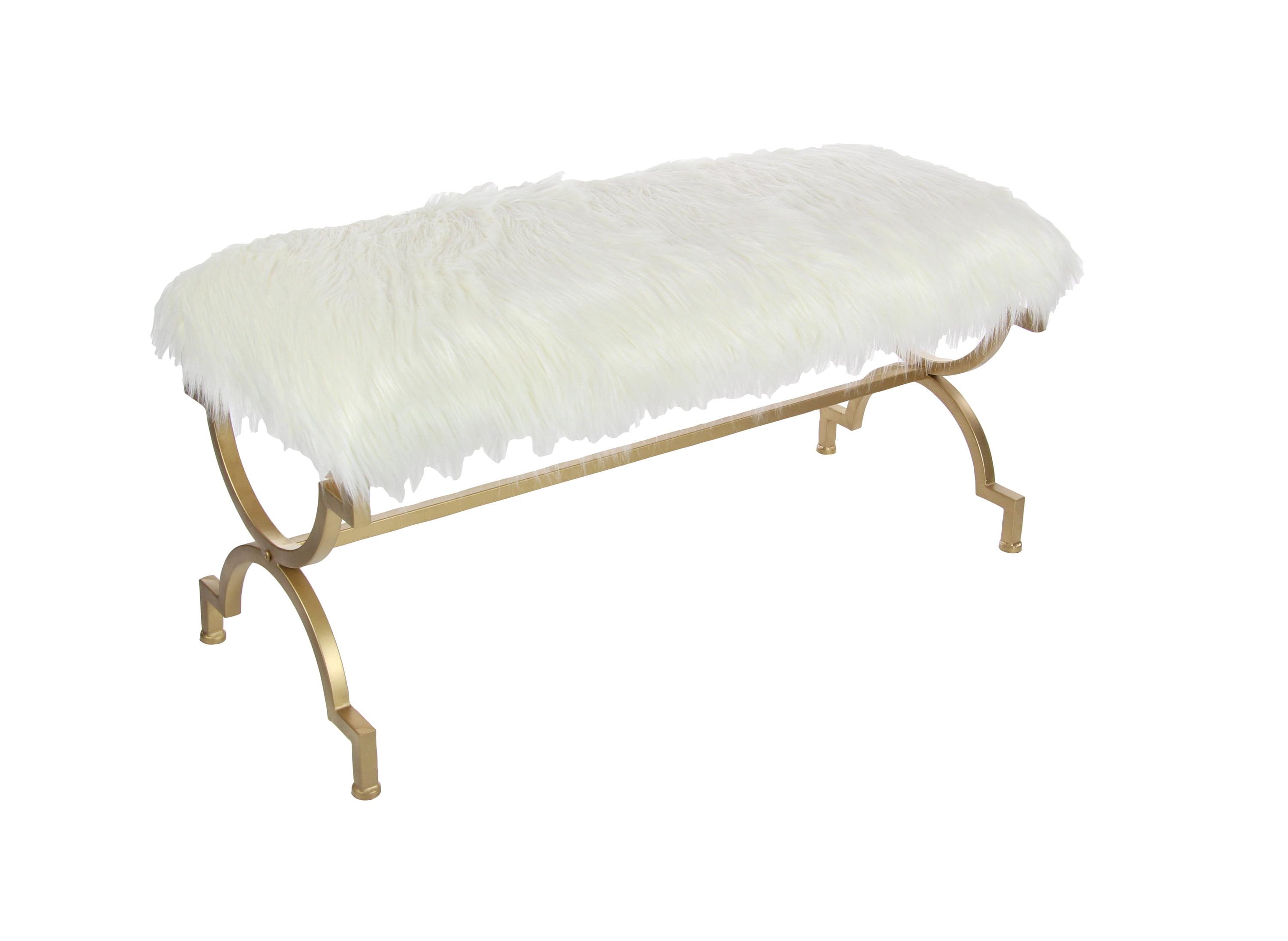 Chic Gold Metal 42" Entryway Bench with White Faux Fur Cushion