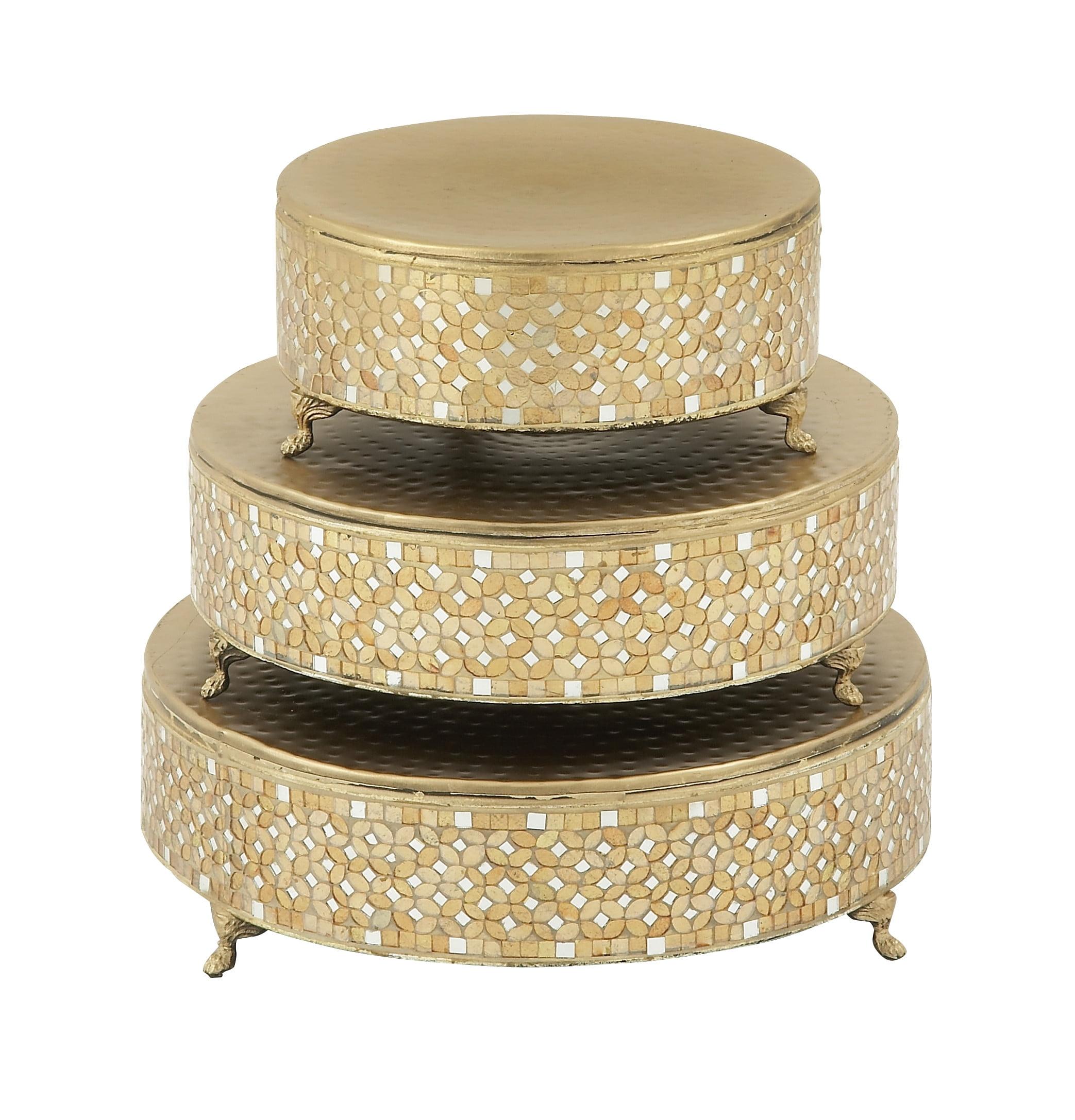 Gold Mosaic Patterned Glass and Metal Cake Stand Set of 3