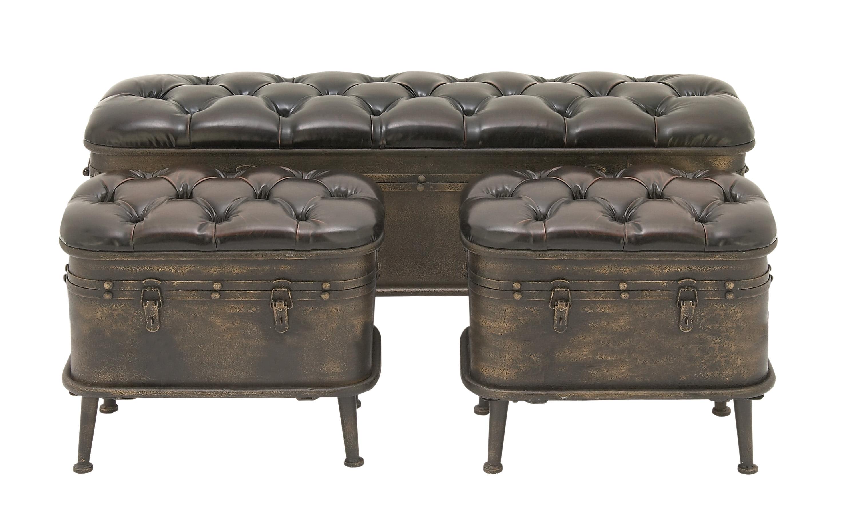 DecMode Metal Storage Bench with Tufted Faux Leather, Brown, Set of 3