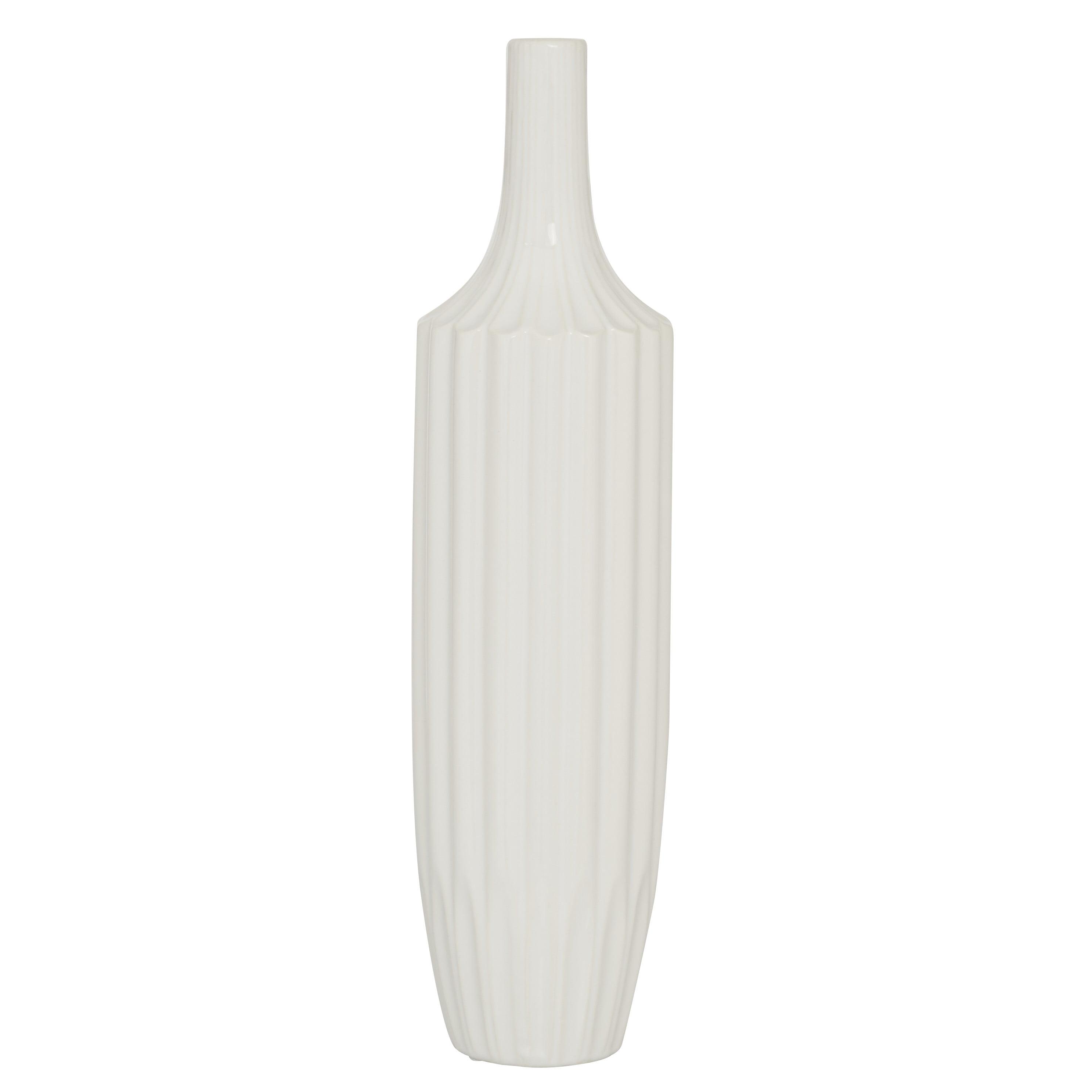 Ceramic Elegance 19" Tall Bud Vase with Vertical Groove Detail in Glossy White