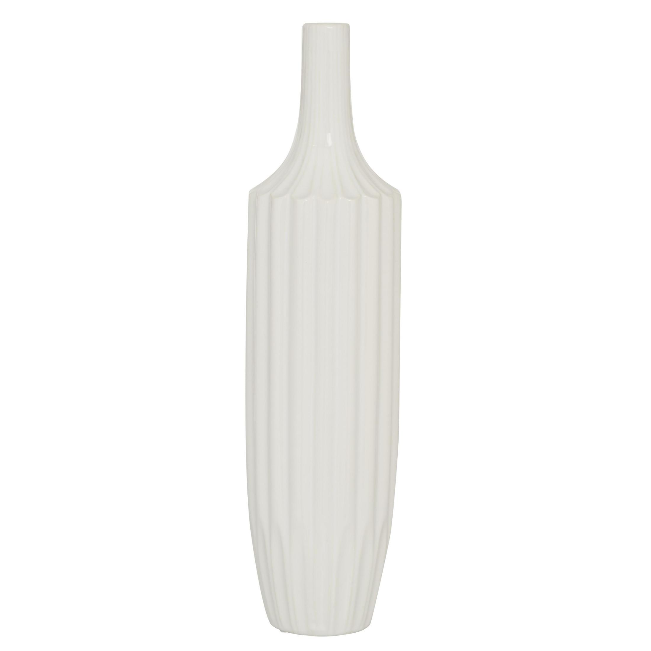 DecMode Modern Ceramic Tall White Decorative Vase with Vertical Groove Pattern 5"W x 19"H