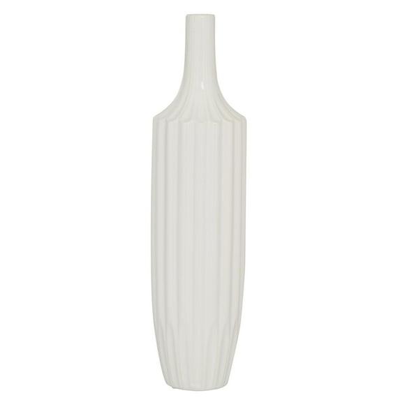 DecMode Modern Ceramic Tall White Decorative Vase with Vertical Groove Pattern 5"W x 19"H