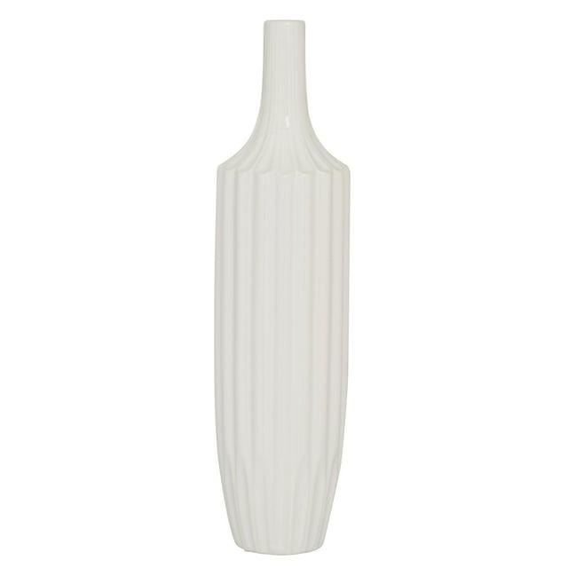 DecMode Modern Ceramic Tall White Decorative Vase with Vertical Groove Pattern 5"W x 19"H