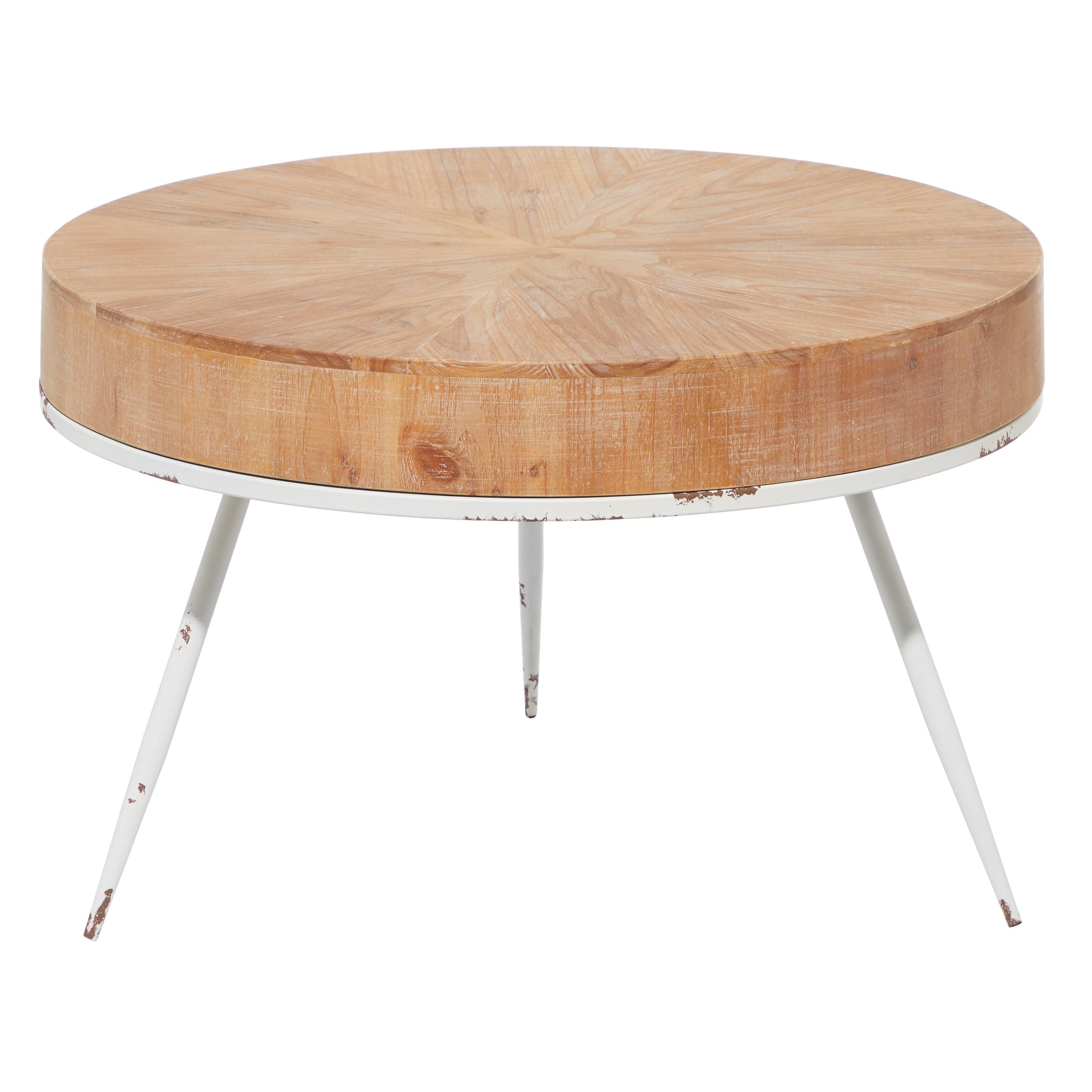 Modern Minimalist Round Coffee Table with White Distressed Iron Legs, 32"W