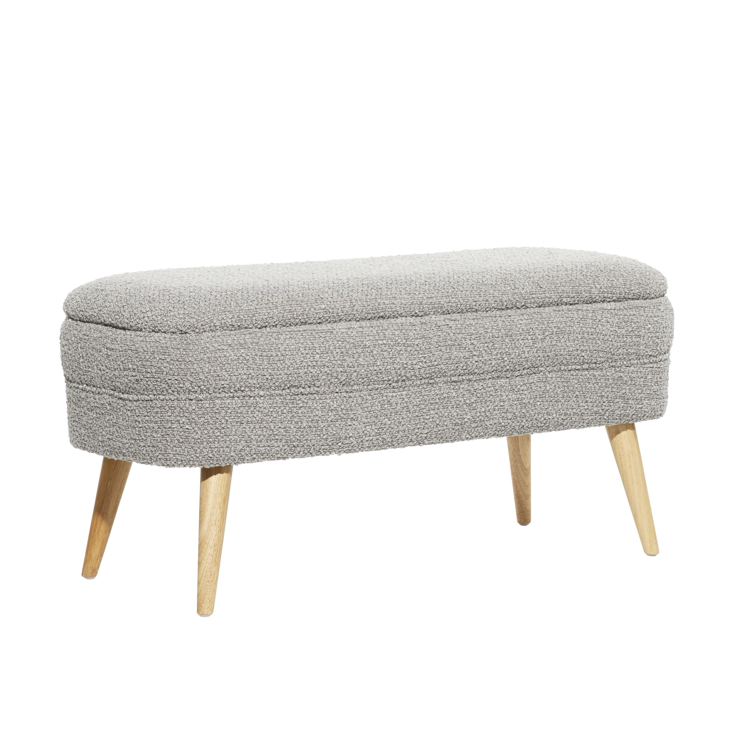 Contemporary Gray Bouclé Storage Bench with Mid-Century Legs