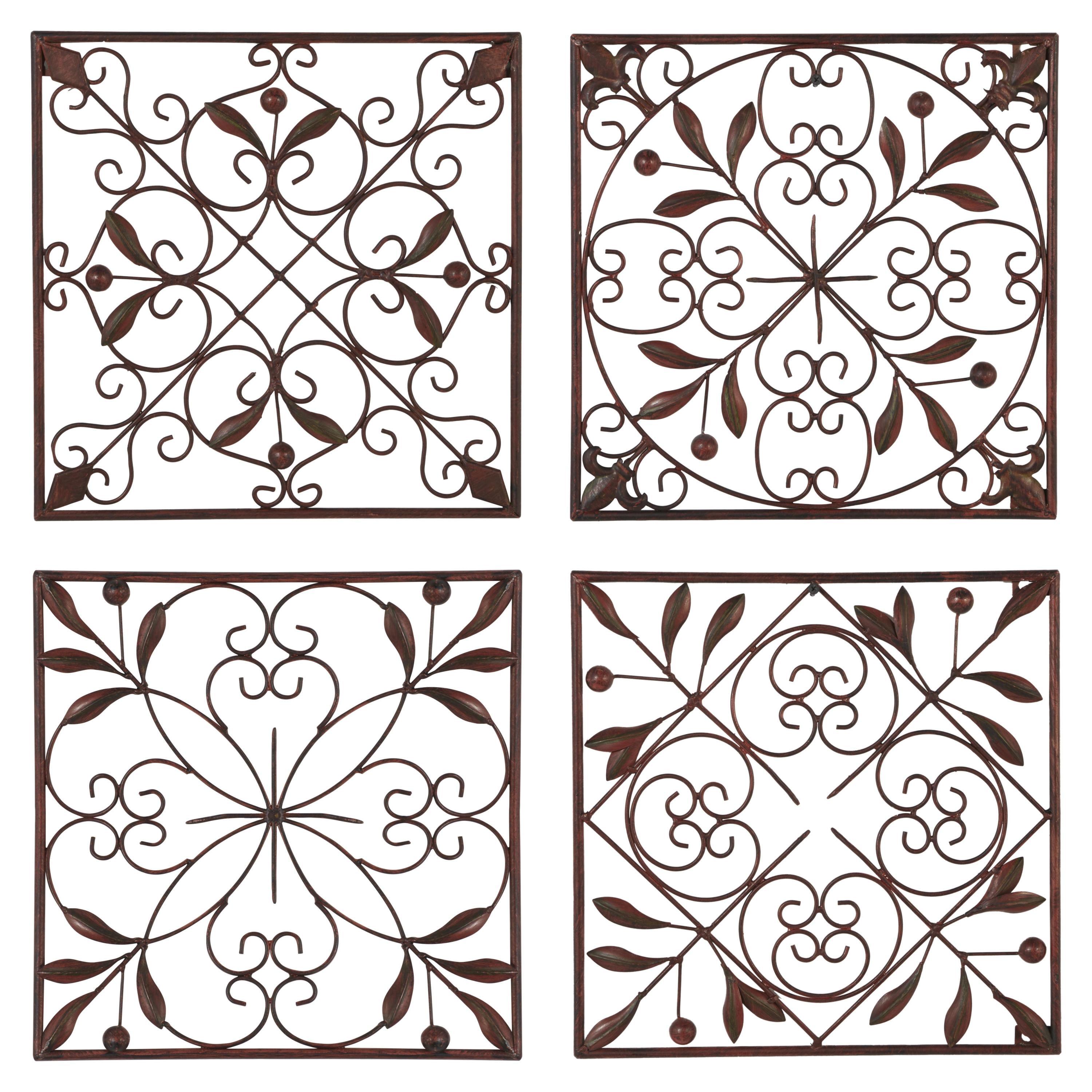 DecMode Rustic Brown Square Metal Wall Décor Set of 4 14"W x 14"H