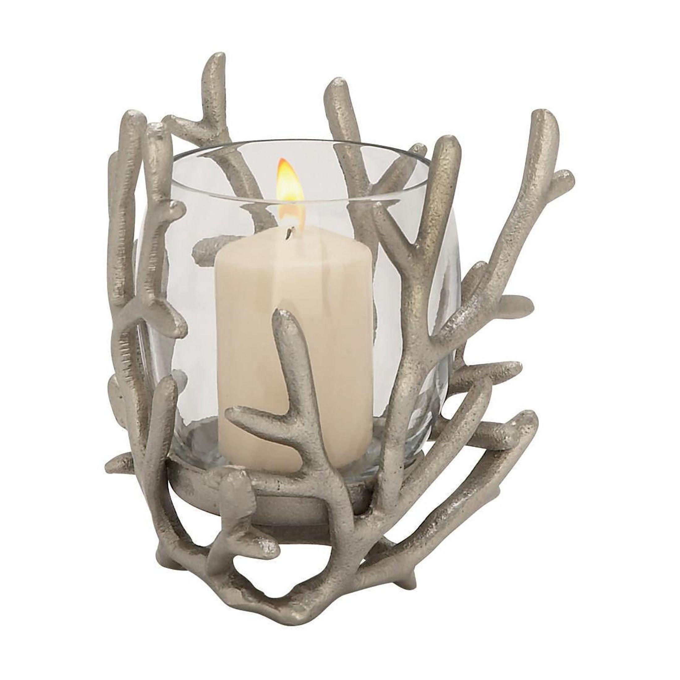 Highland Dunes Aluminum Metal Pillar Hurricane Lamp with Coral Design (Set of 3)