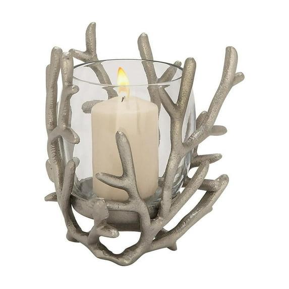 Highland Dunes Aluminum Metal Pillar Hurricane Lamp with Coral Design (Set of 3)