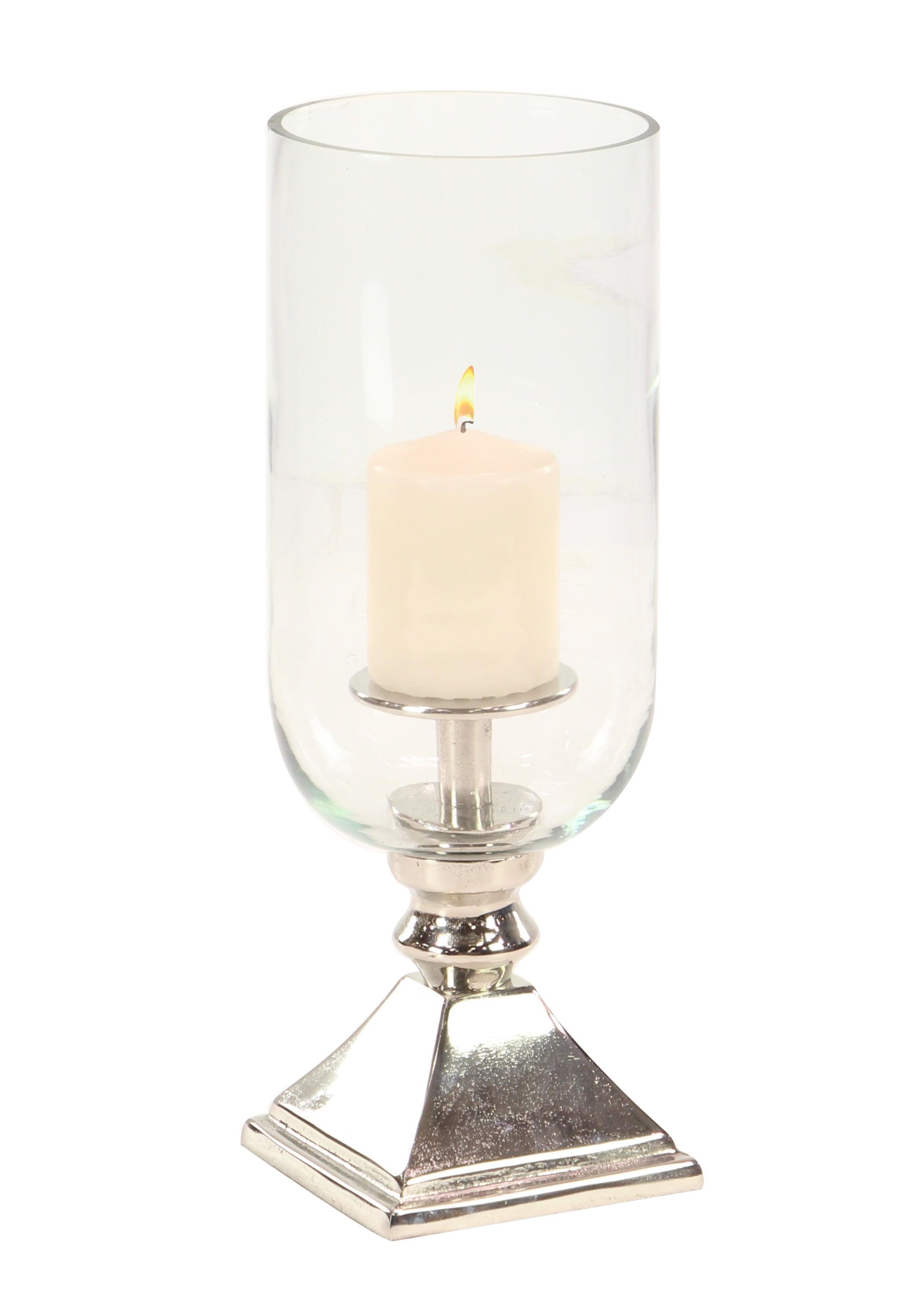 17" Silver Aluminum and Glass Hurricane Candle Holder