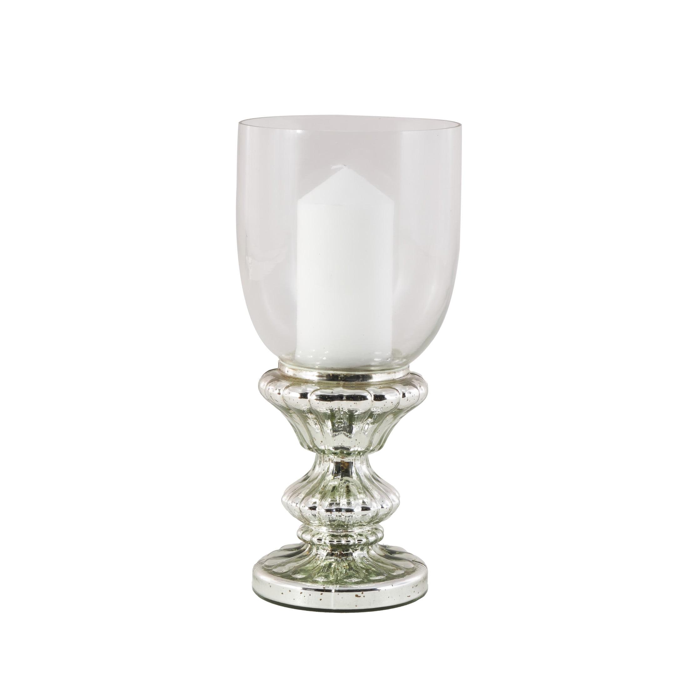 DecMode Silver Glass Handmade Turned Style Pillar Hurricane Lamp with Faux Mercury Glass Finish
