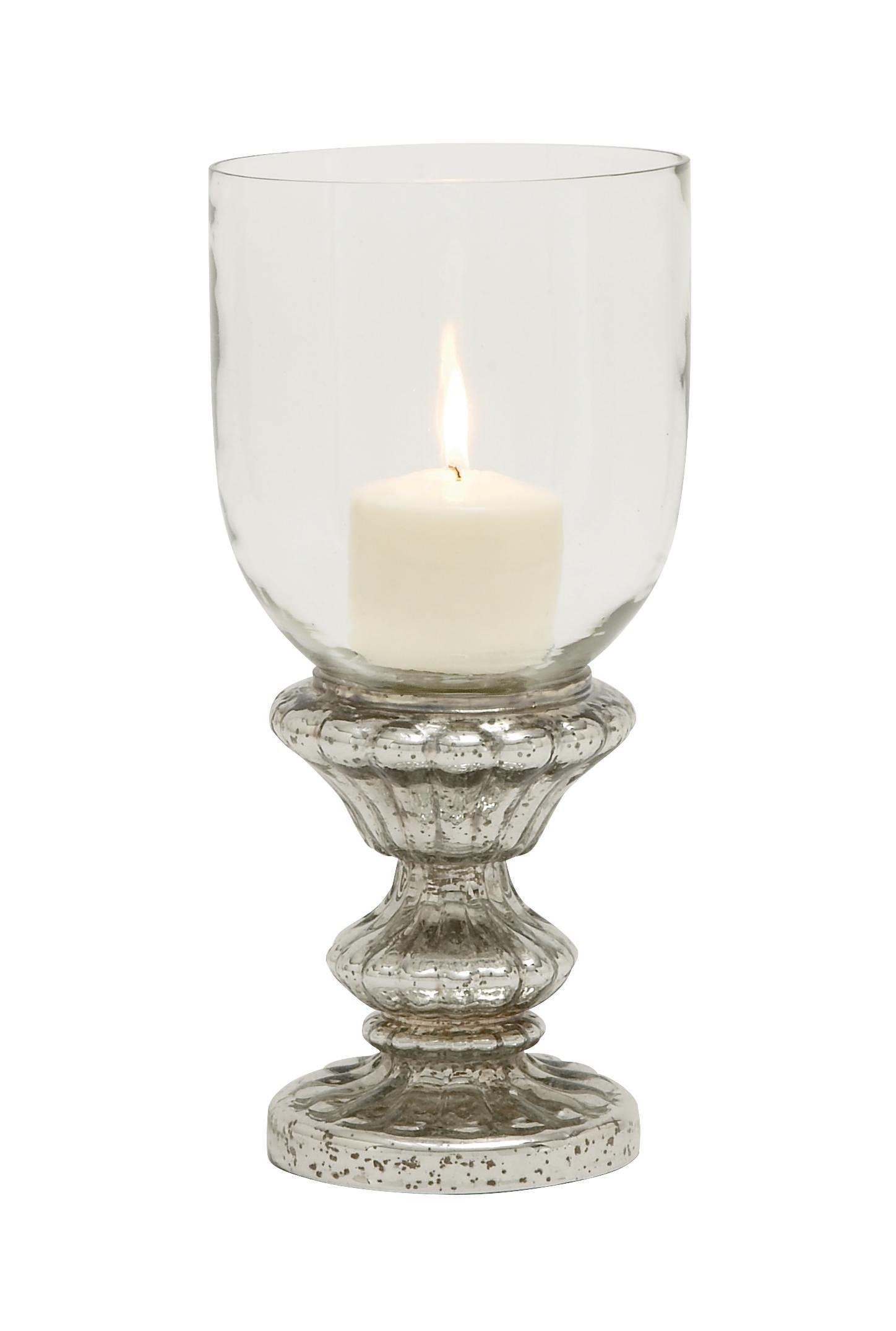 DecMode Silver Glass Handmade Turned Style Pillar Hurricane Lamp with Faux Mercury Glass Finish