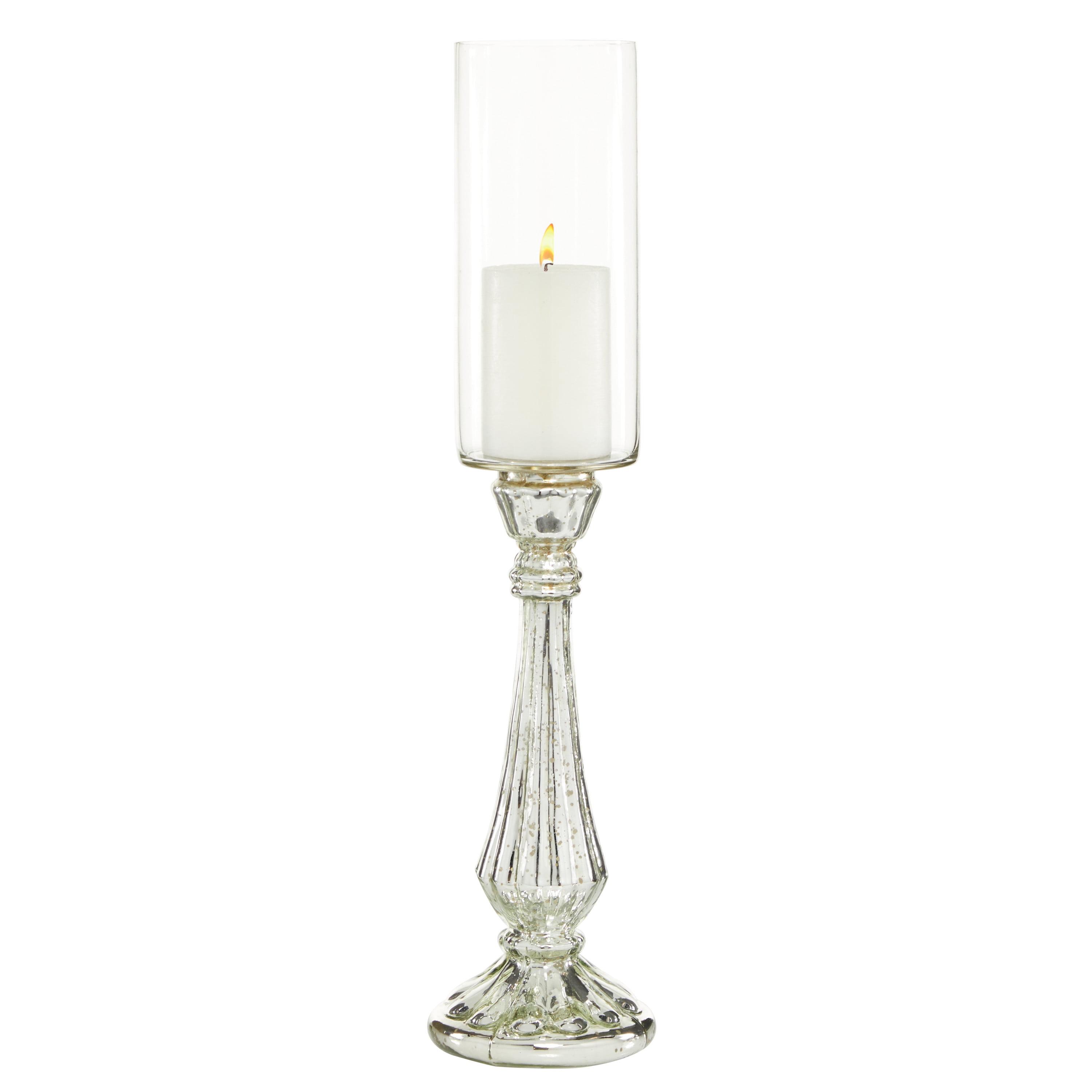 DecMode Silver Glass Handmade Turned Style Pillar Hurricane Lamp with Faux Mercury Glass Finish