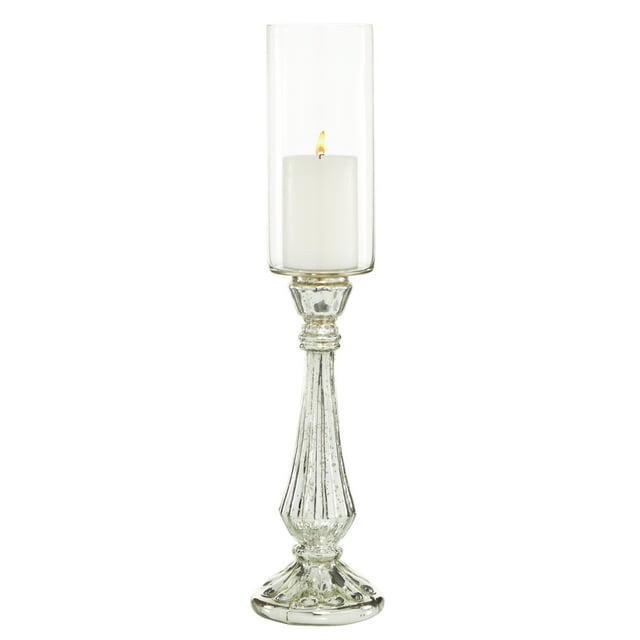 DecMode Silver Glass Handmade Turned Style Pillar Hurricane Lamp with Faux Mercury Glass Finish