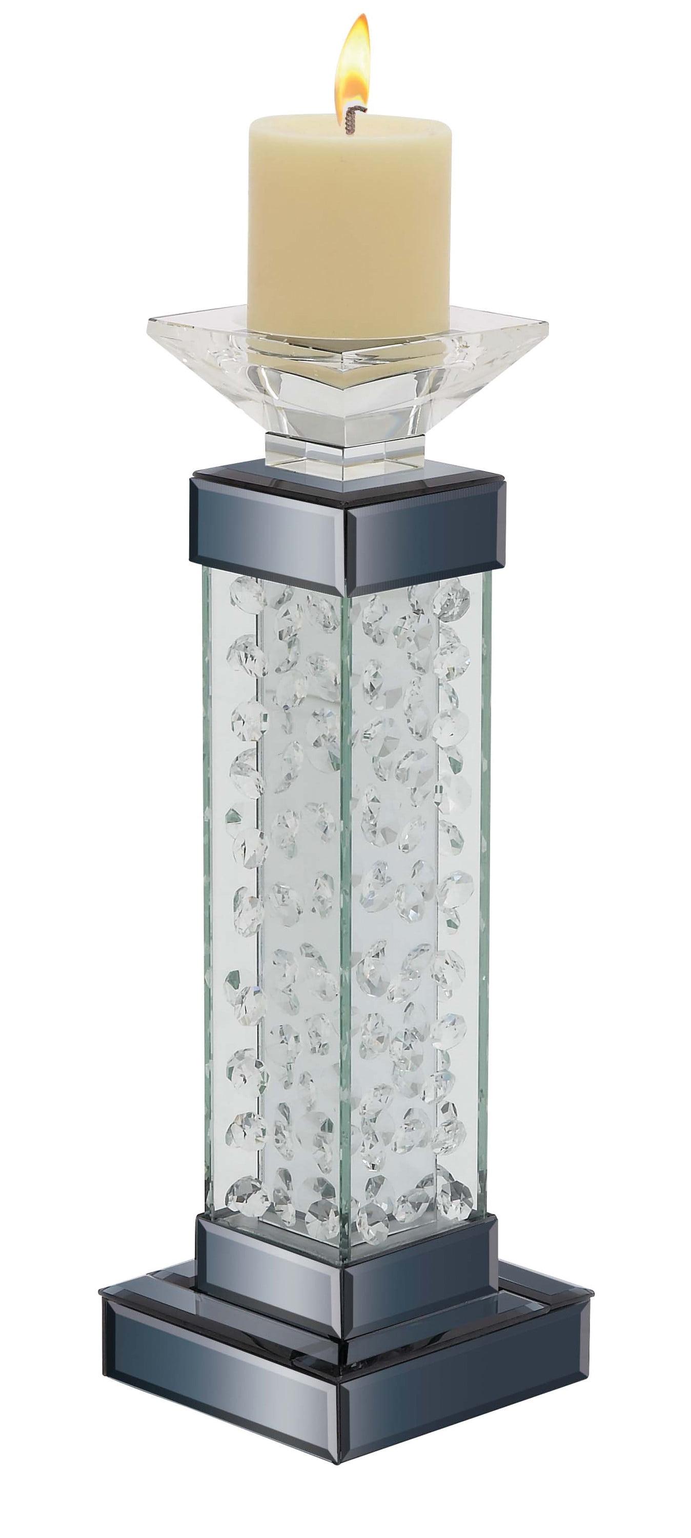 DecMode Silver Glass Pillar Candle Holder with Floating Crystals