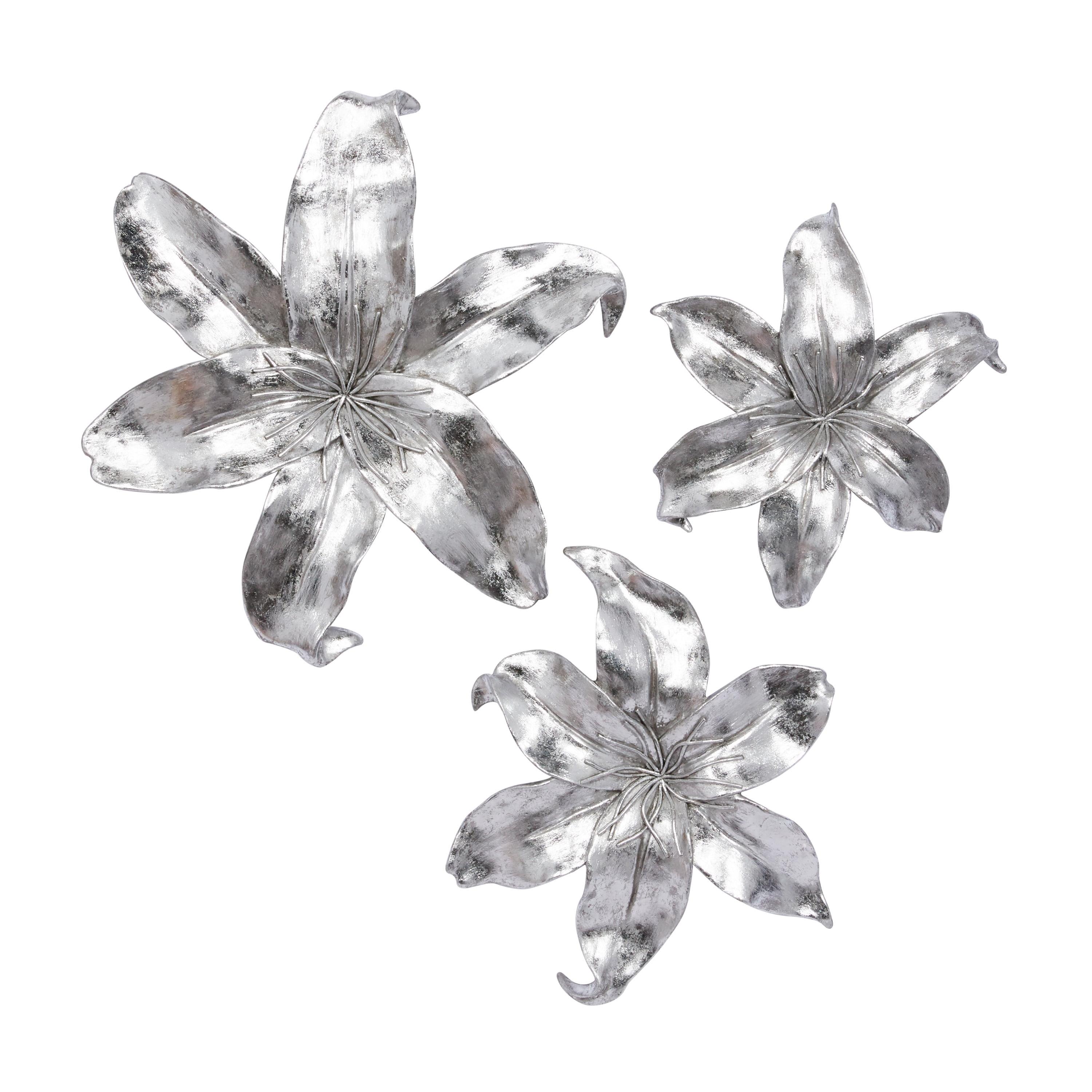 DecMode Silver Polystone 3D Floral Wall Decor (3 Count)