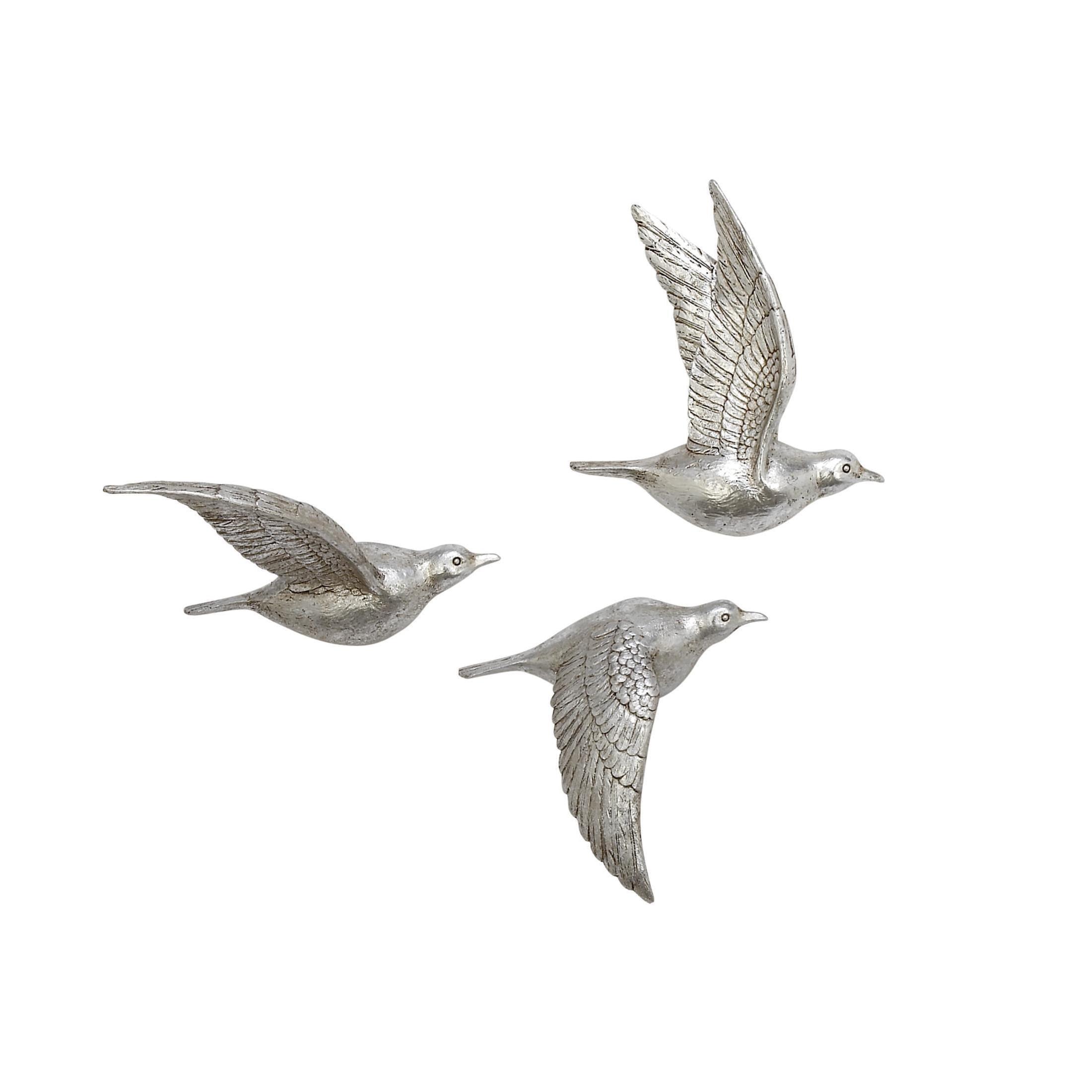 DecMode Silver Polystone Metallic 3D Sculpted Bird Wall Decor (3 Count)