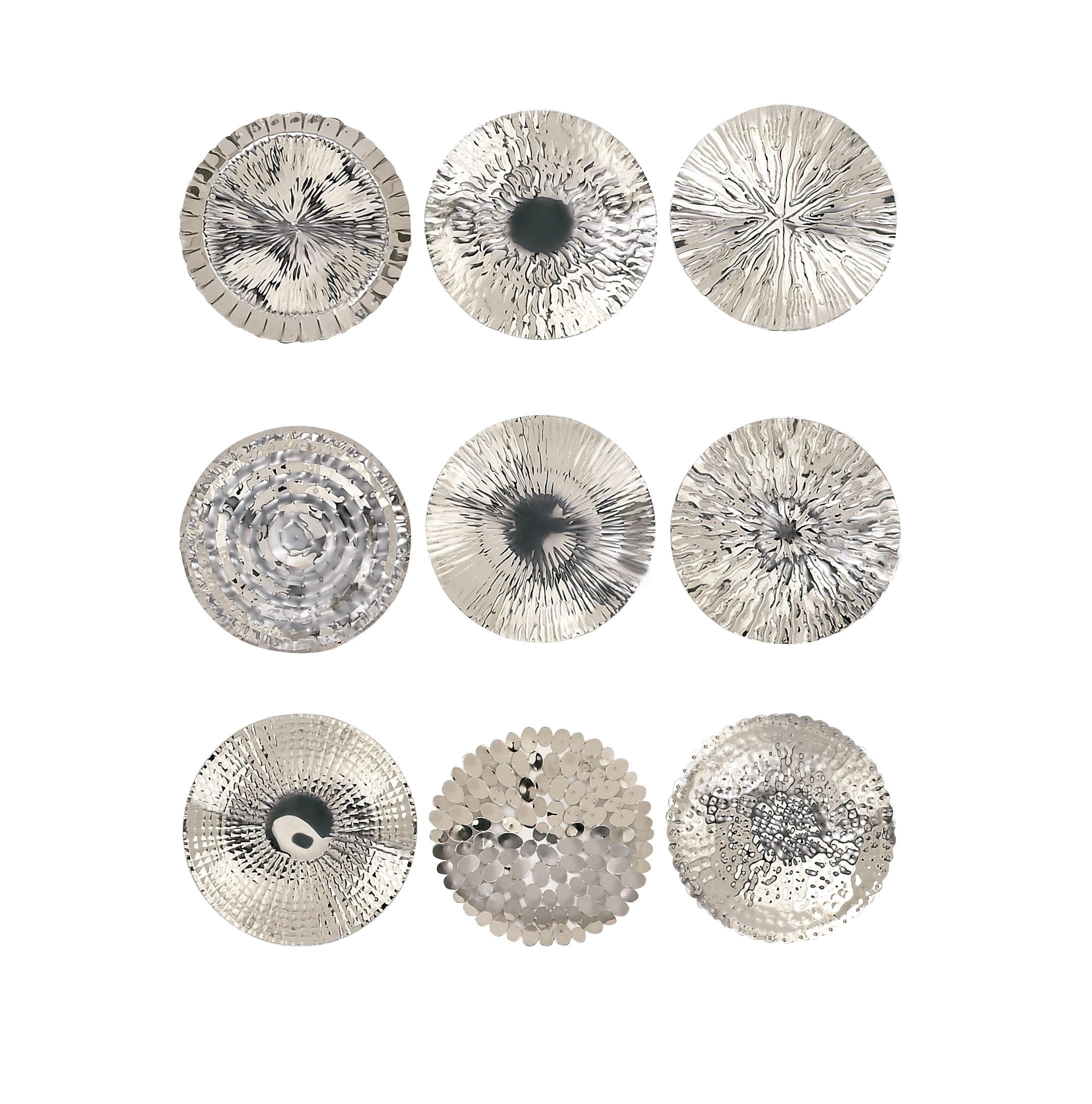 Silver Hammered Stainless Steel Round Wall Plates Set of 9