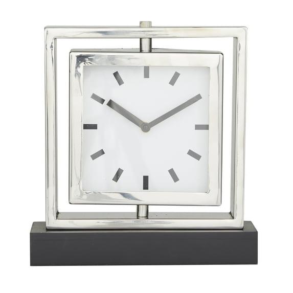 DecMode Stainless Steel Glam Square Table Clock 9"W x 10"H, with Silver Framed Structure, White Clock Face and Black Base