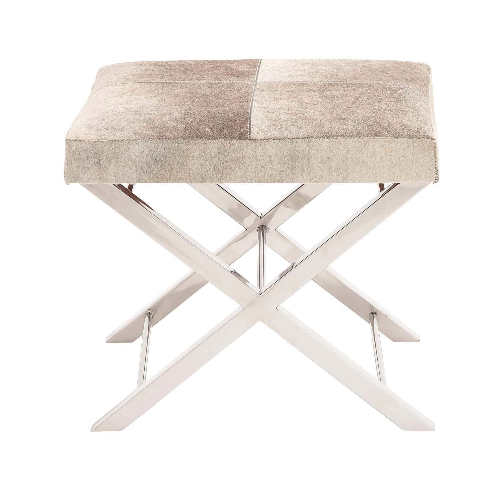 Gray Hair on Hide Leather and Stainless Steel X-Base Stool