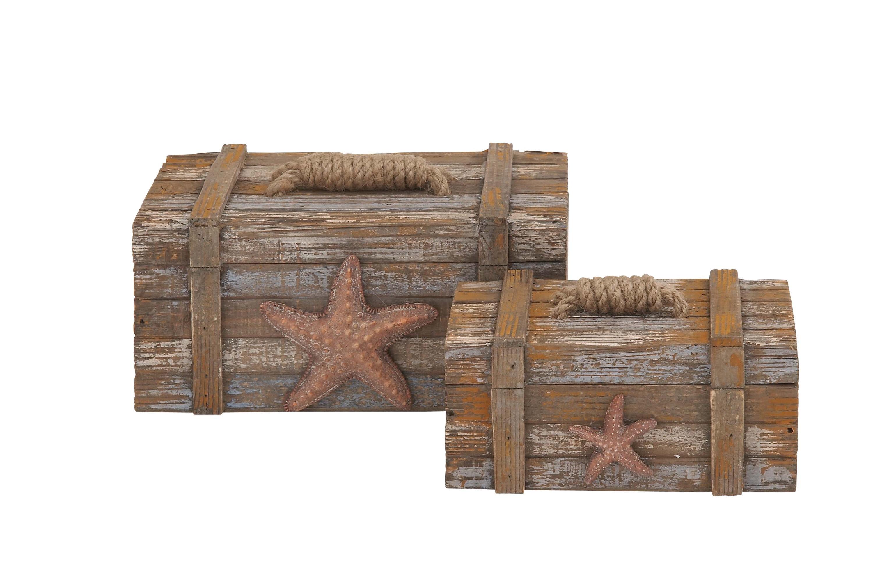 Handmade Distressed Wood Starfish Decorative Box Set with Rope Handles