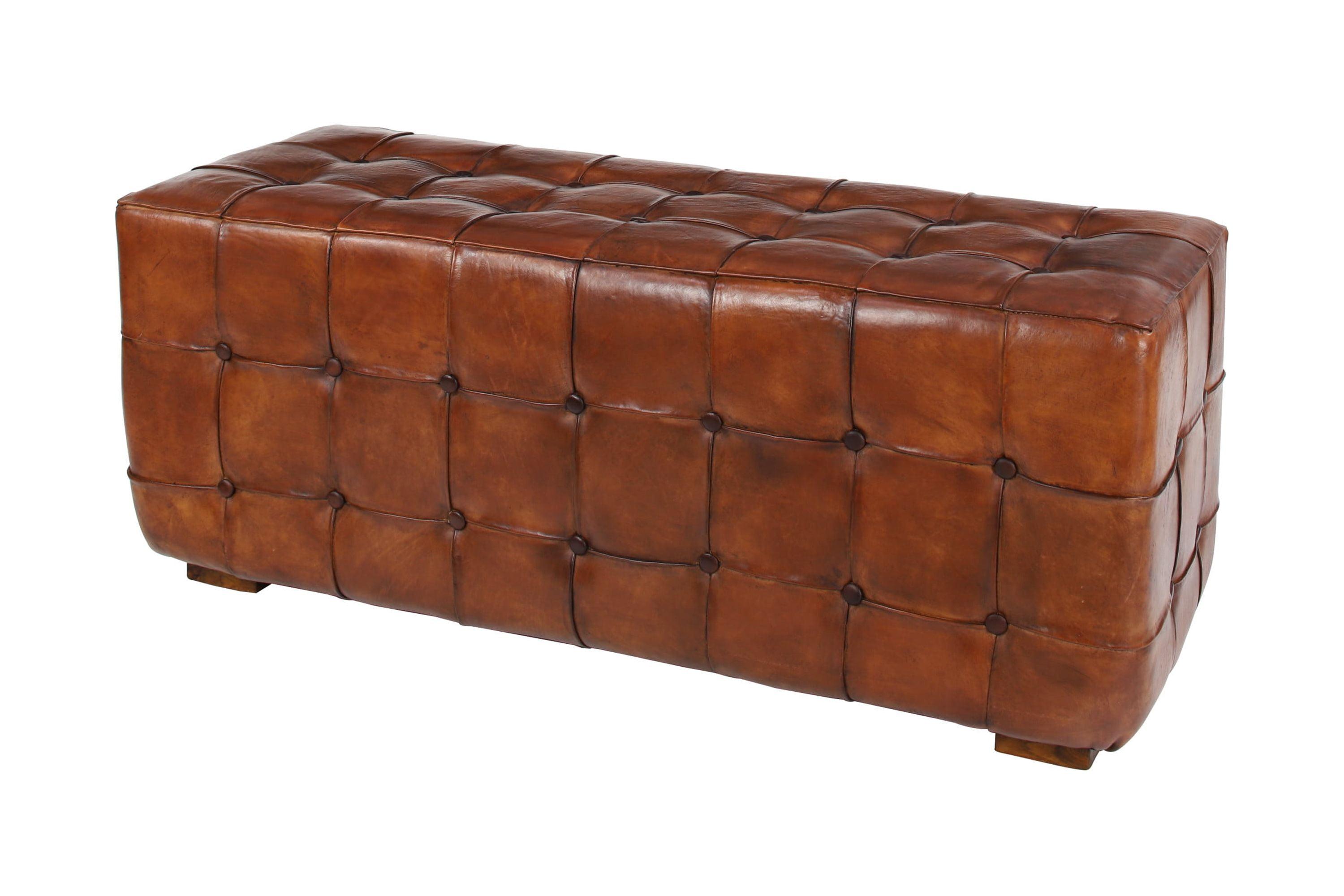 Elegant Brown Teak Wood Tufted Leather Bench 48"x18"x20"