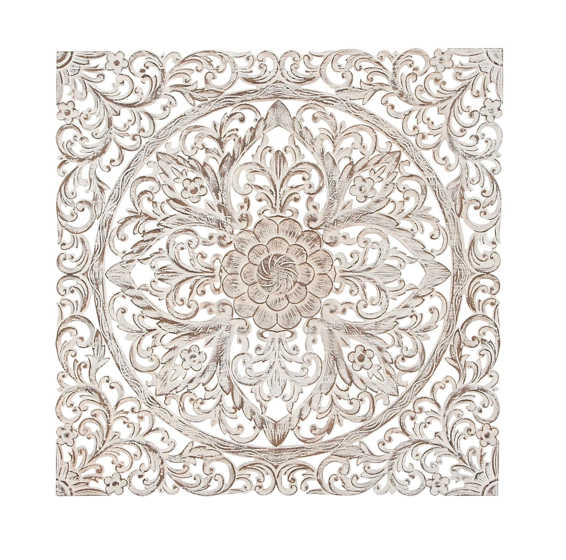 Wood Floral Handmade Intricately Carved Wood Wall Decor with Mandala Design Brown - Olivia & May: Traditional Style, Botanical Art