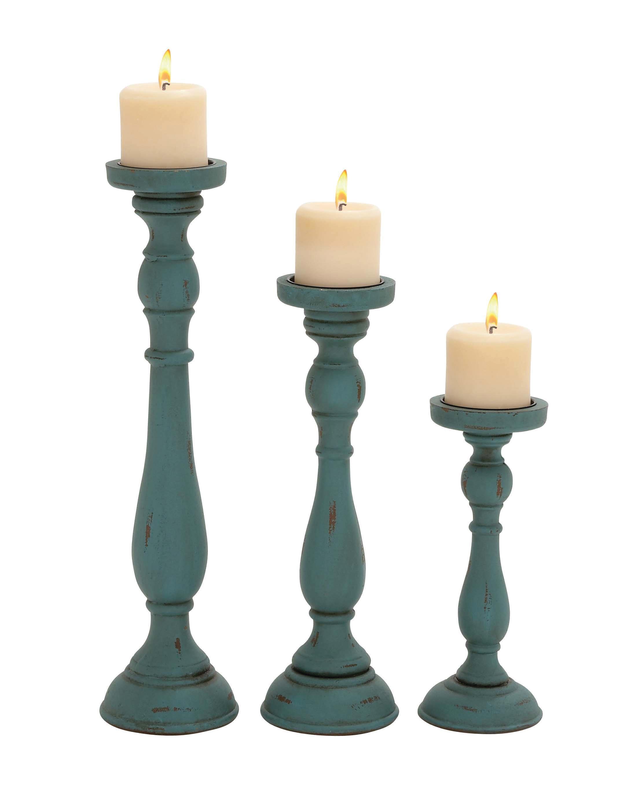 Teal Wood Fluted Pillar Candle Holders Set of 3