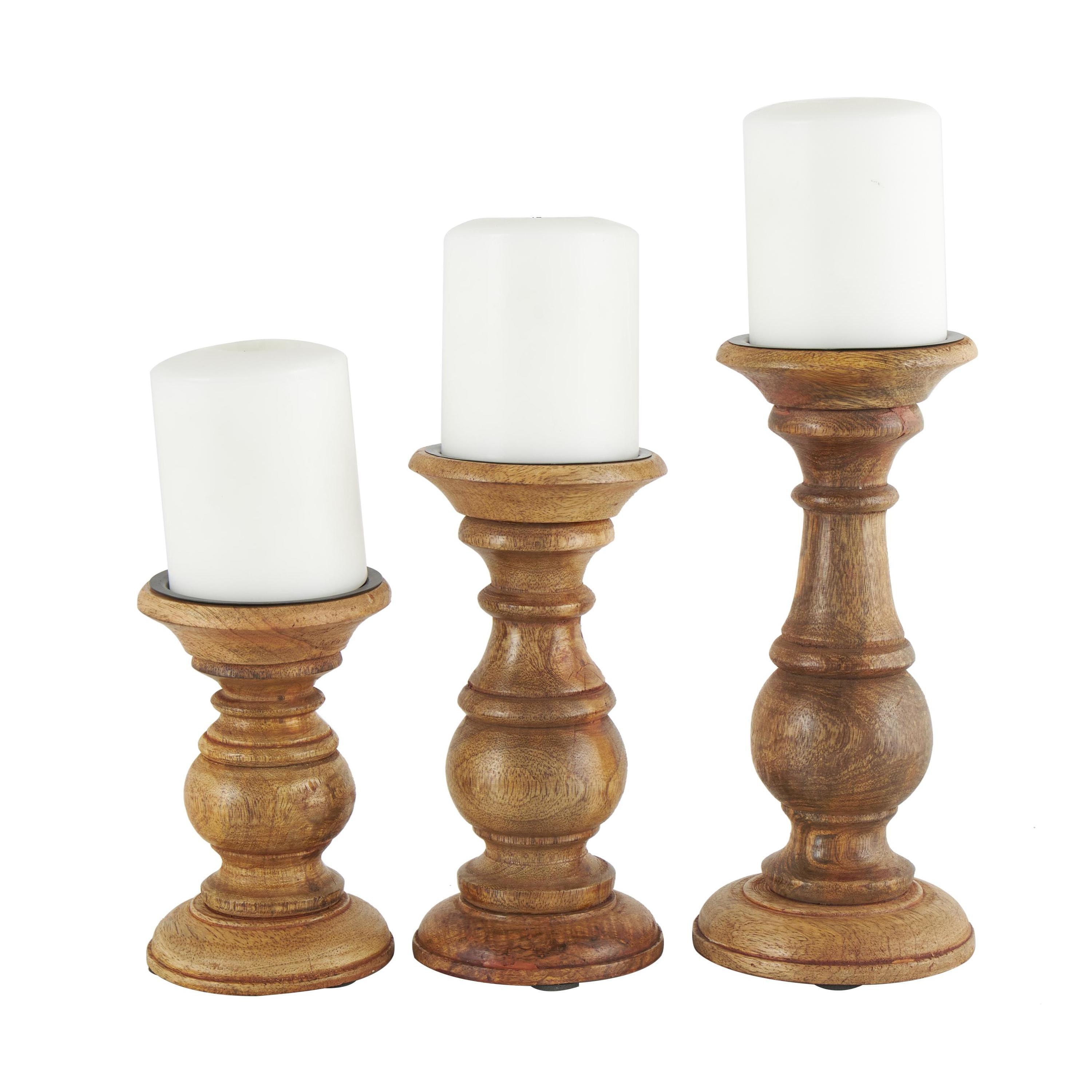 DecMode Traditional and Timeless Mango Wood Pillar Candle Holder Set of 3, 4", 8", 10"H, Brown Finish