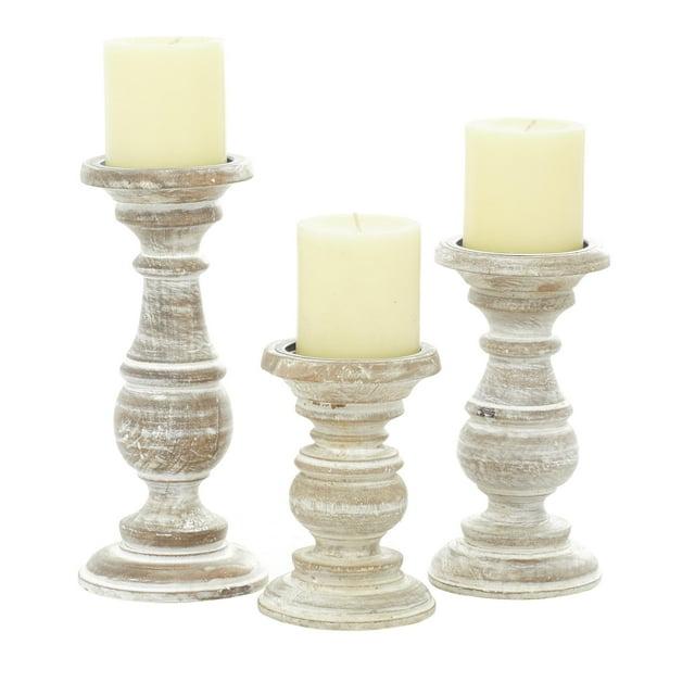 DecMode Traditional and Timeless Mango Wood Pillar Candle Holder Set of 3, 6", 8", 10"H, Cream Finish