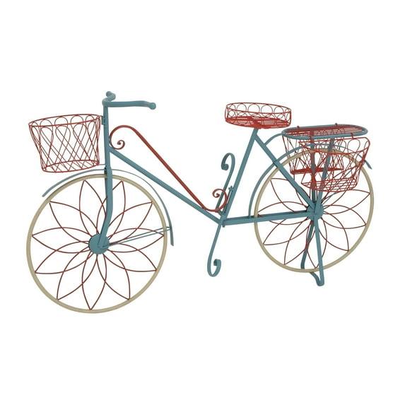 DecMode Vintage Turquoise/Red 3 Tier Bicycle Inspired Metal Plantstand, 54"W x 32"H